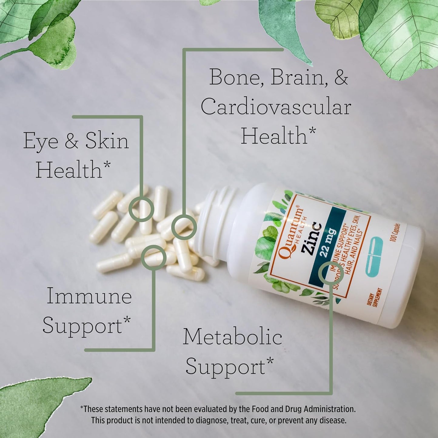 Zinc Gluconate 22mg Daily Immunity Support Supplement for Women & Men - Energy Boost, Healthy Eyes, Hair, Skin & Nails - 100 Capsules