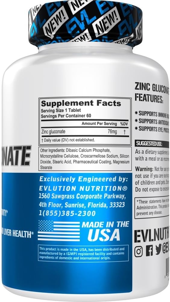 Zinc Gluconate Immune Health Supplement - Eye, Prostate, Liver Support - Antioxidant Boost - 60 Servings