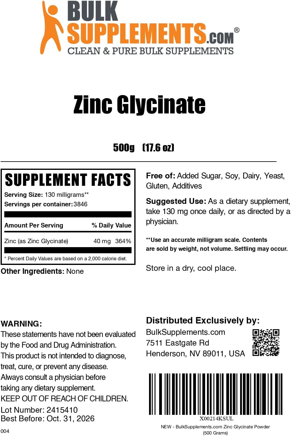 Zinc Glycinate Powder Supplement - 40mg Zinc per Serving, Immune Support, Gluten Free - 500g (1.1 lbs) Pack for Sale