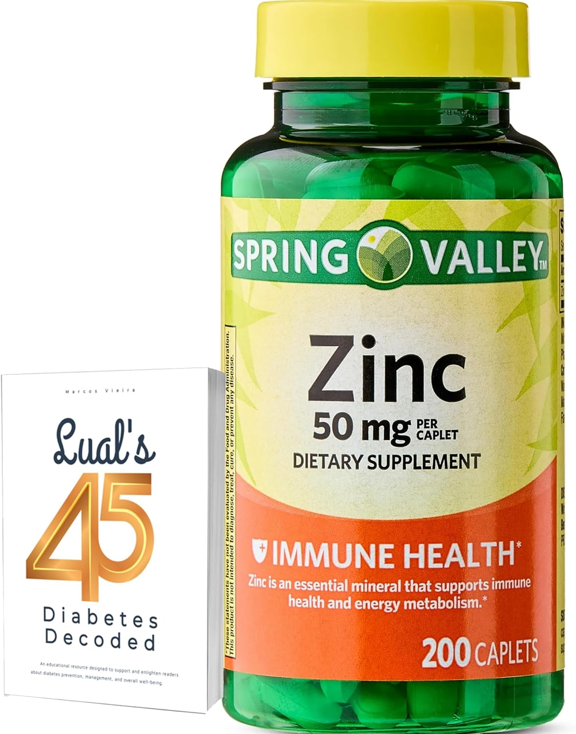 Zinc Immune Support Bundle - Spring Valley Zinc 200 Caplets with Lual's 45 Diabetes Decoded - 50 mg Zinc Supplements