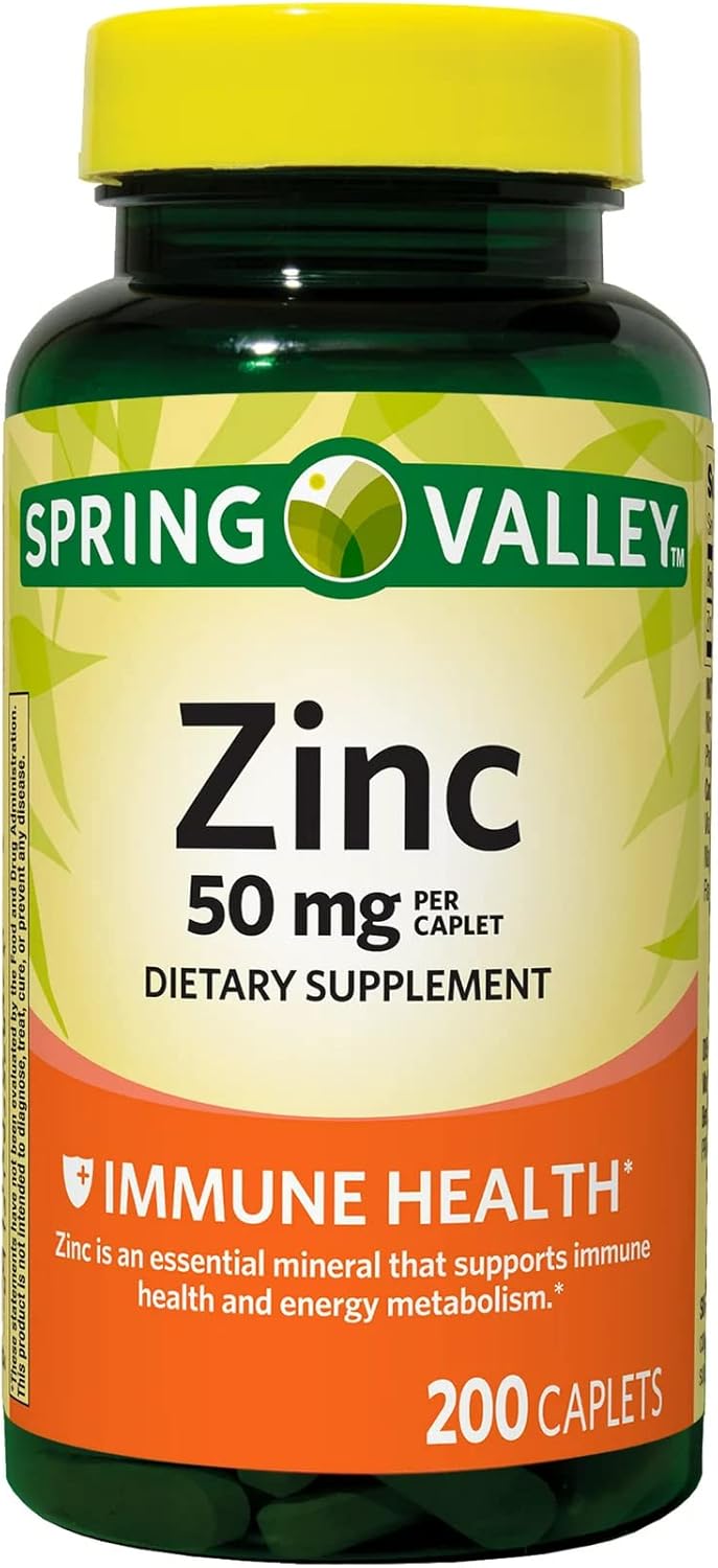Zinc Immune Support Bundle - Spring Valley Zinc 200 Caplets with Lual's 45 Diabetes Decoded - 50 mg Zinc Supplements
