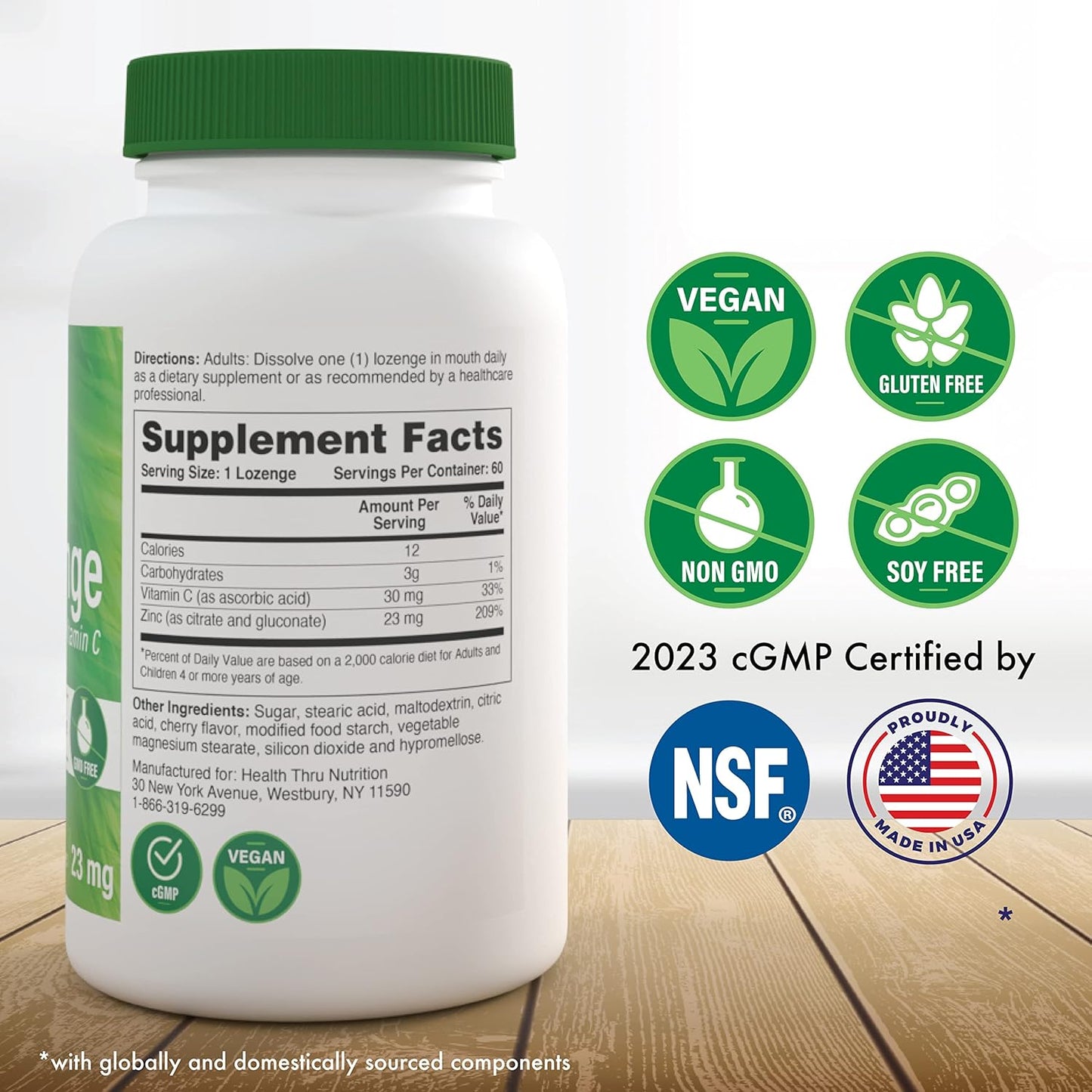 Zinc Lozenges with Vitamin C for Immune Support - 23mg Zinc, 30mg Vitamin C - Natural Cherry Flavor - 60 Count - Non-GMO, Gluten & Soy Free