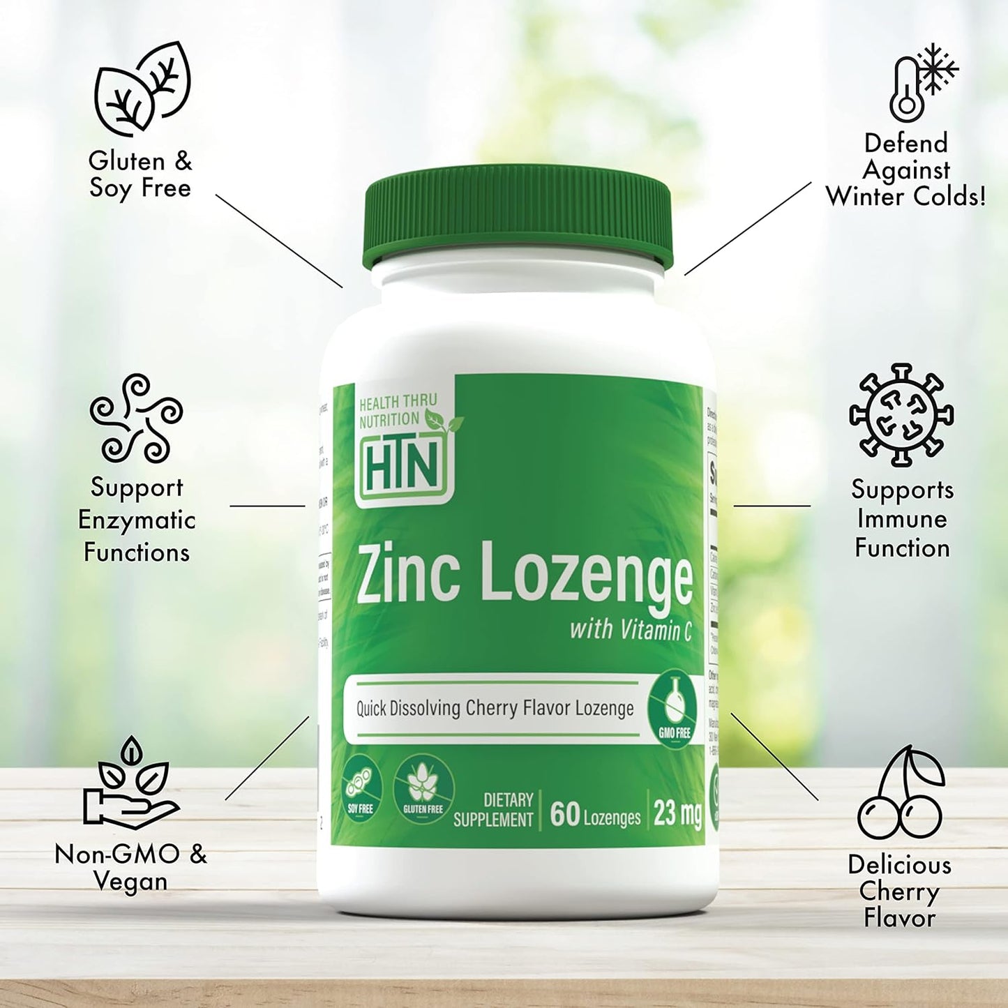 Zinc Lozenges with Vitamin C for Immune Support - 23mg Zinc, 30mg Vitamin C - Natural Cherry Flavor - 60 Count - Non-GMO, Gluten & Soy Free