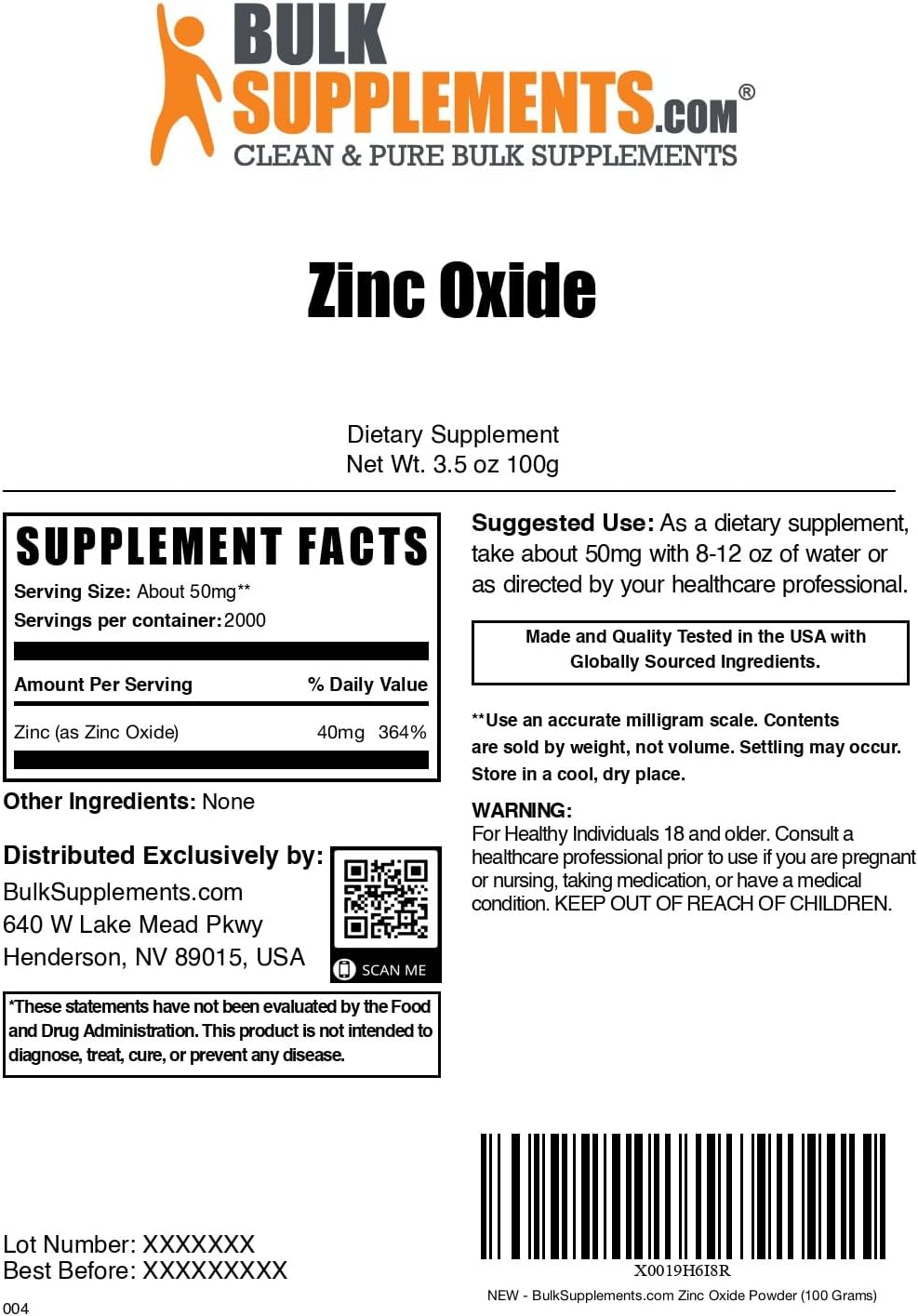 Zinc Oxide Powder Supplement - 100g (3.5 oz) - 40mg Zinc per Serving - Immune Support - Gluten Free - by BulkSupplements