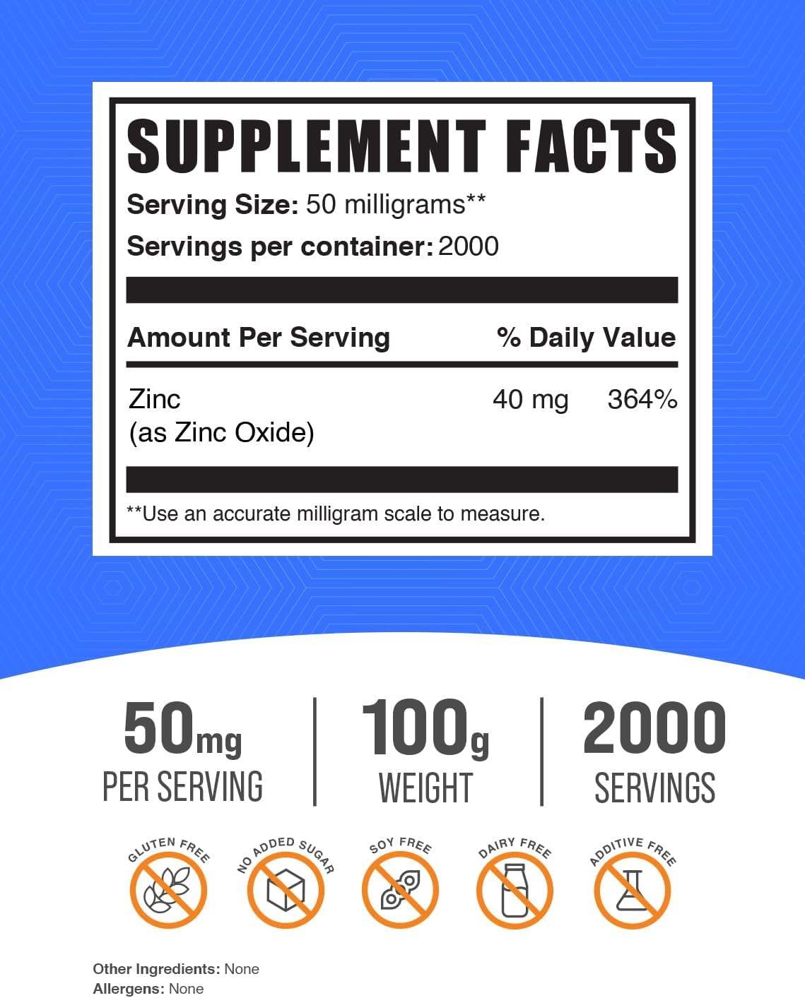 Zinc Oxide Powder Supplement - 40mg Zinc for Immune Support, Gluten Free, 250g (8.8 oz) - BulkSupplements.com
