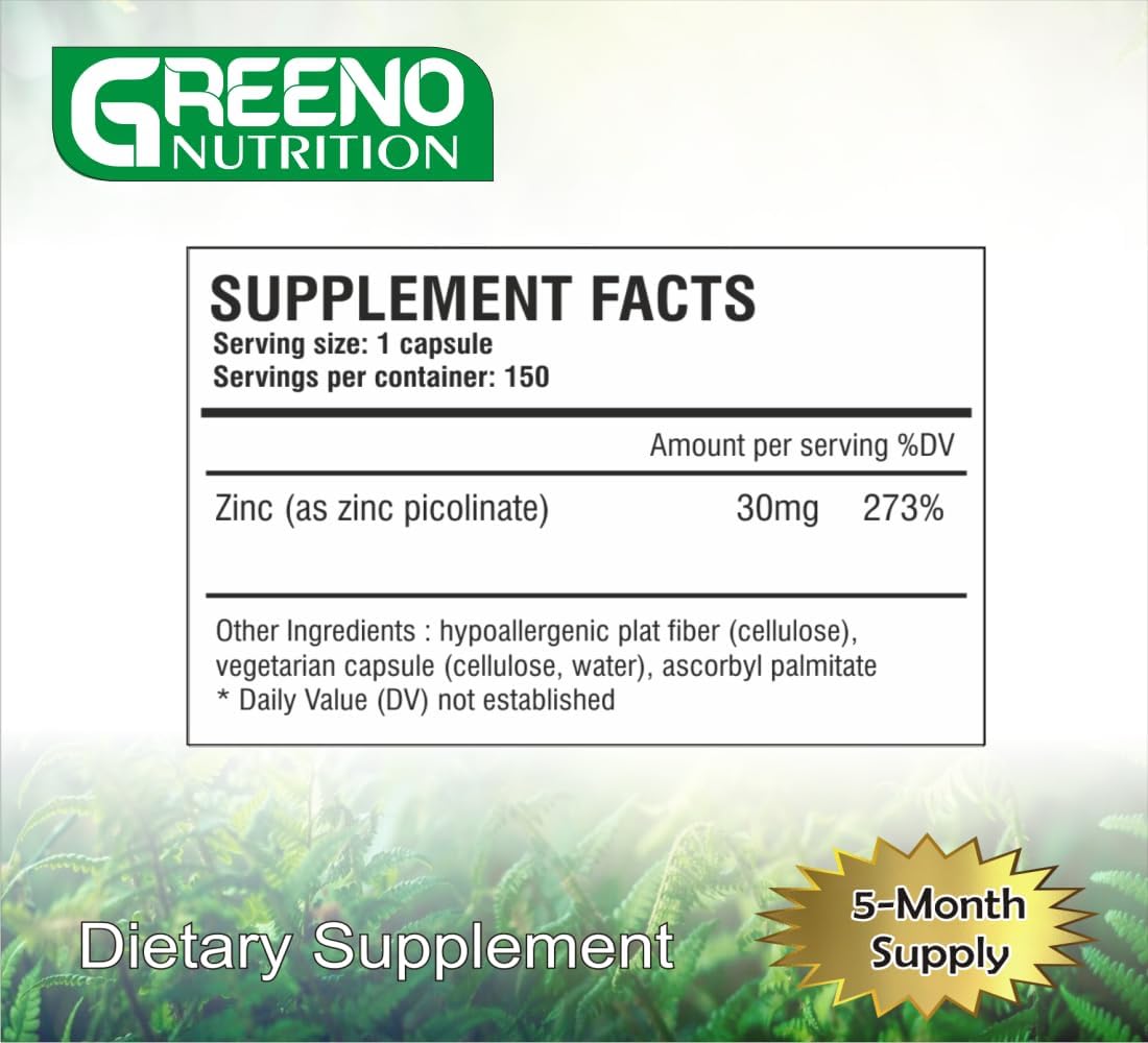 Zinc Picolinate Capsules 30mg, High Absorption for Immune Support, 150 Count - 5 Month Supply by GREENO NUTRITION