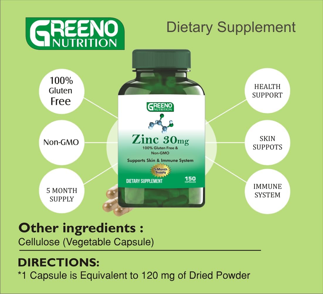 Zinc Picolinate Capsules 30mg, High Absorption for Immune Support, 150 Count - 5 Month Supply by GREENO NUTRITION