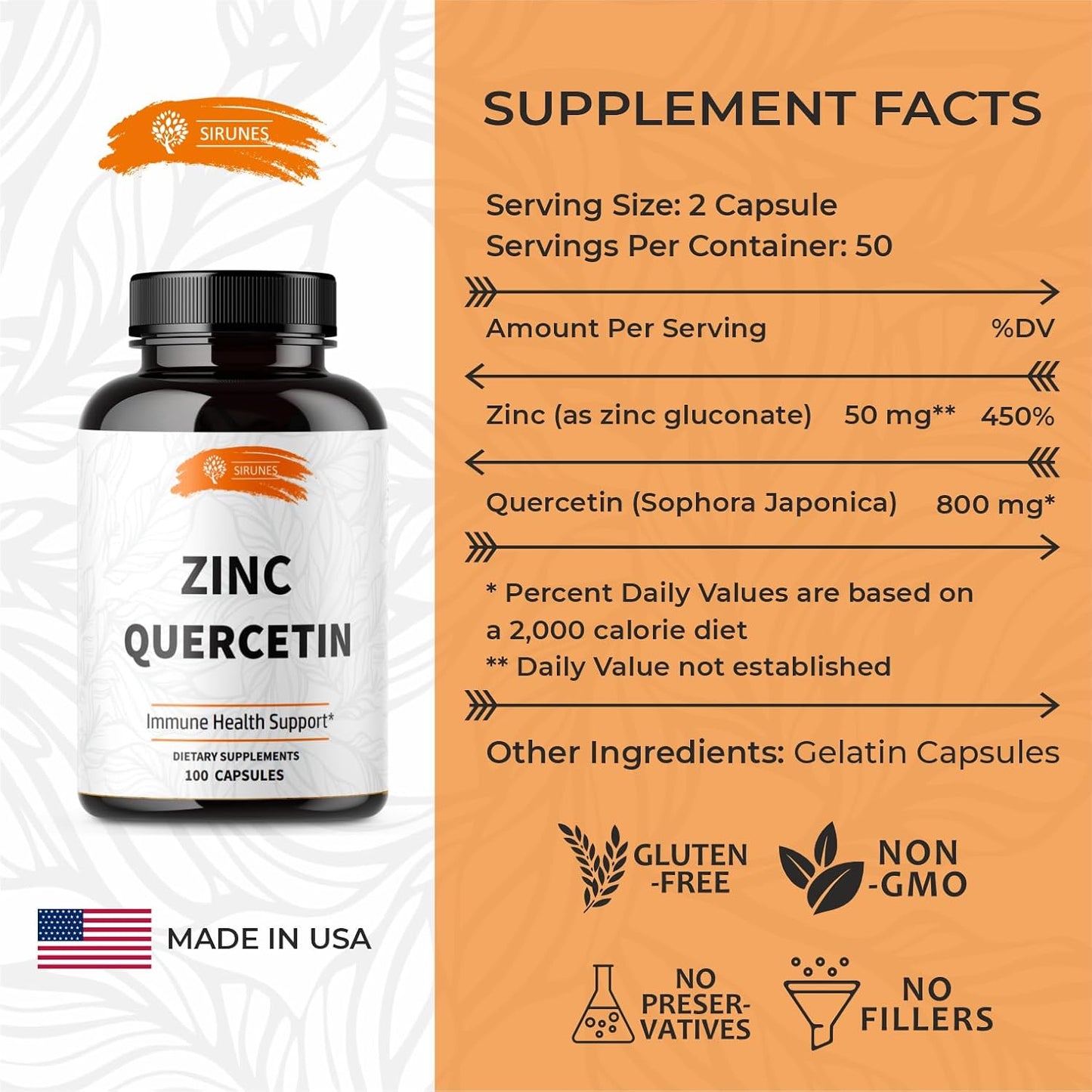 Zinc Quercetin Capsules 100pcs - Immune Support Supplement for Men and Women - Non-GMO Zinc Supplements