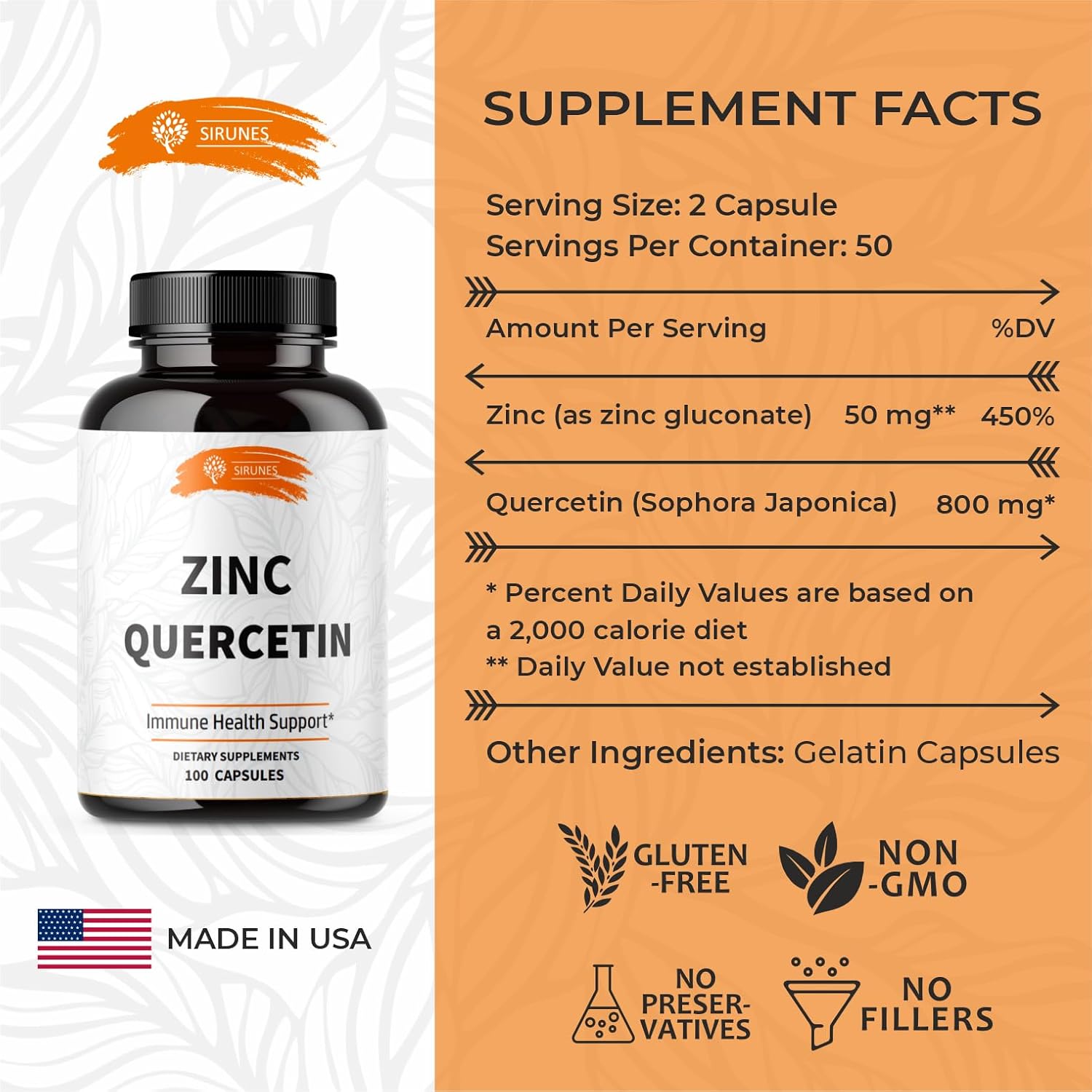 Zinc Quercetin Capsules 100pcs - Immune Support Supplement for Men and Women - Non-GMO Zinc Supplements