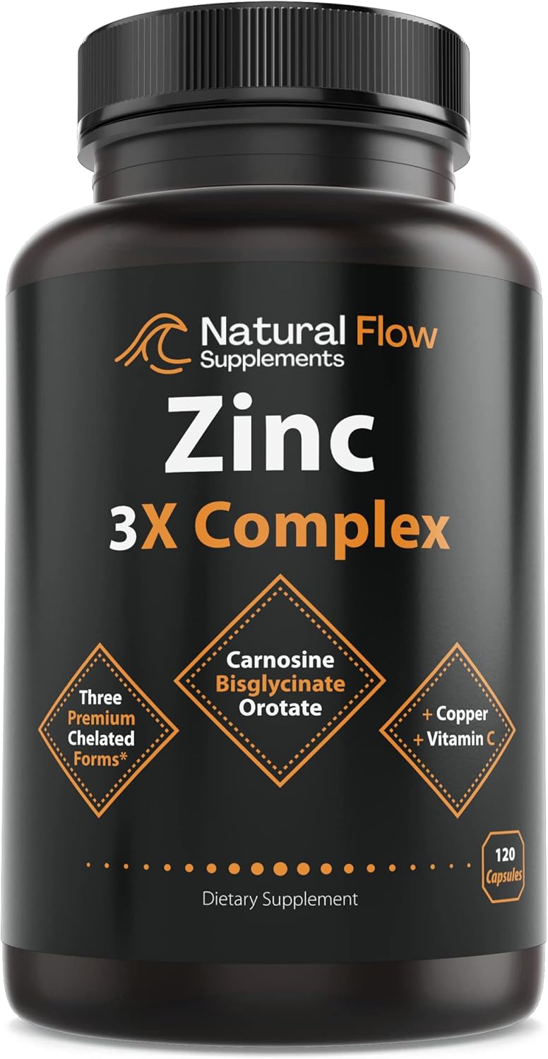 Zinc Supplement Complex with Copper and Vitamin C - Chelated Zinc Carnosine, Bisglycinate, Orotate - 120 Capsules for Immune Support and Skin Health