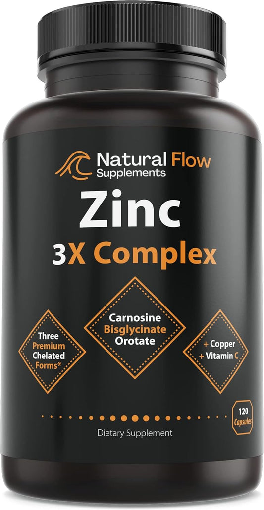Zinc Supplement Complex with Copper and Vitamin C - Chelated Zinc Carnosine, Bisglycinate, Orotate - 120 Capsules for Immune Support and Skin Health