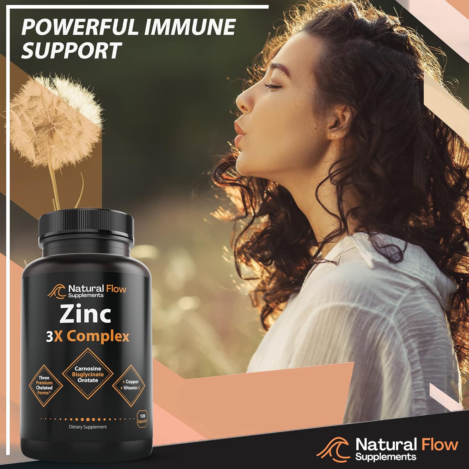 Zinc Supplement Complex with Copper and Vitamin C - Chelated Zinc Carnosine, Bisglycinate, Orotate - 120 Capsules for Immune Support and Skin Health