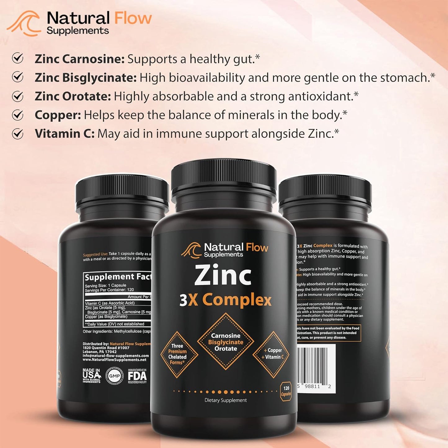Zinc Supplement Complex with Copper and Vitamin C - Chelated Zinc Carnosine, Bisglycinate, Orotate - 120 Capsules for Immune Support and Skin Health