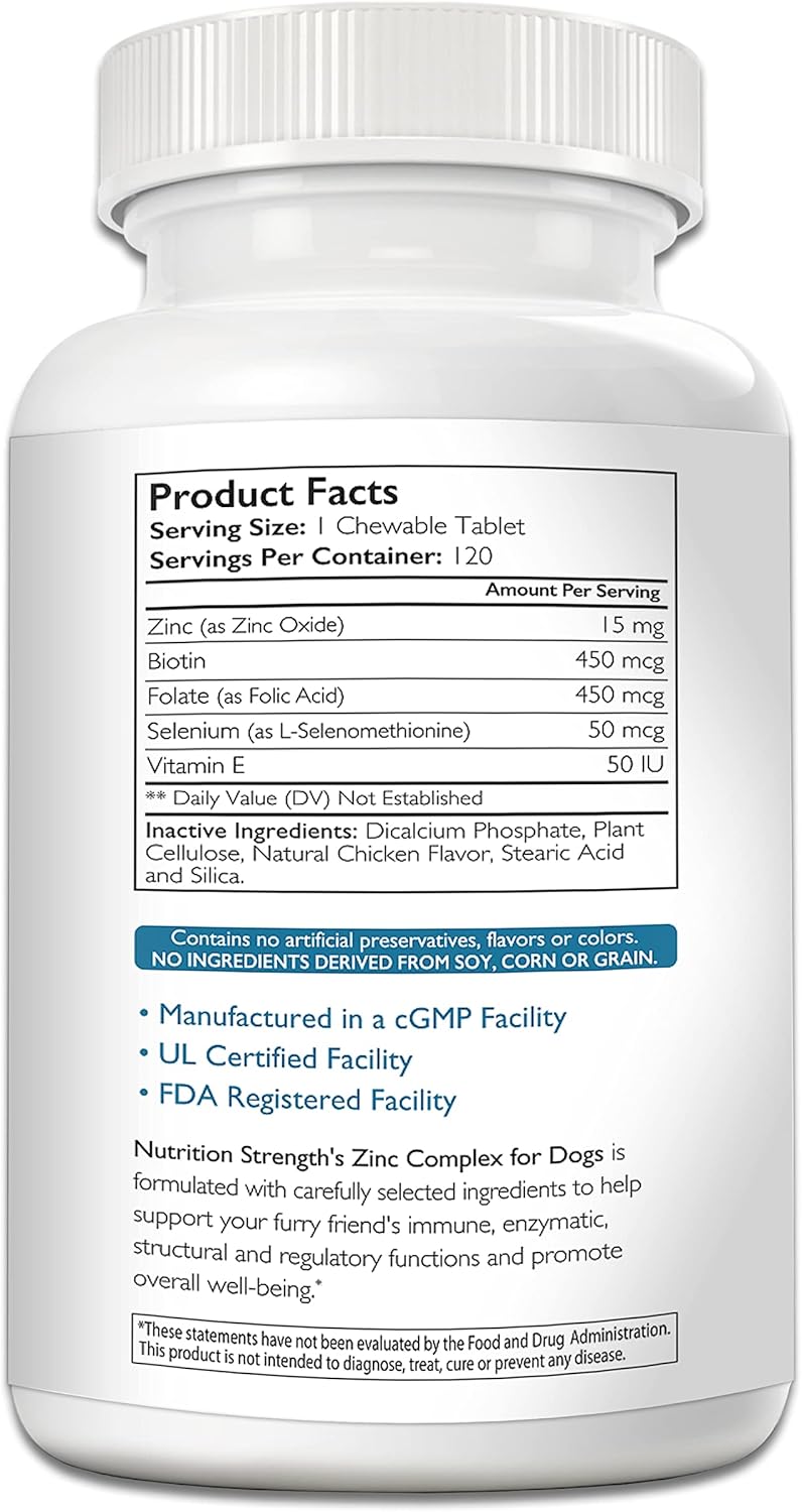Zinc Supplement for Dogs with Biotin, Folate, Selenium & Vitamin E - 120 Chewable Tablets for Healthy Skin, Coat & Immune System
