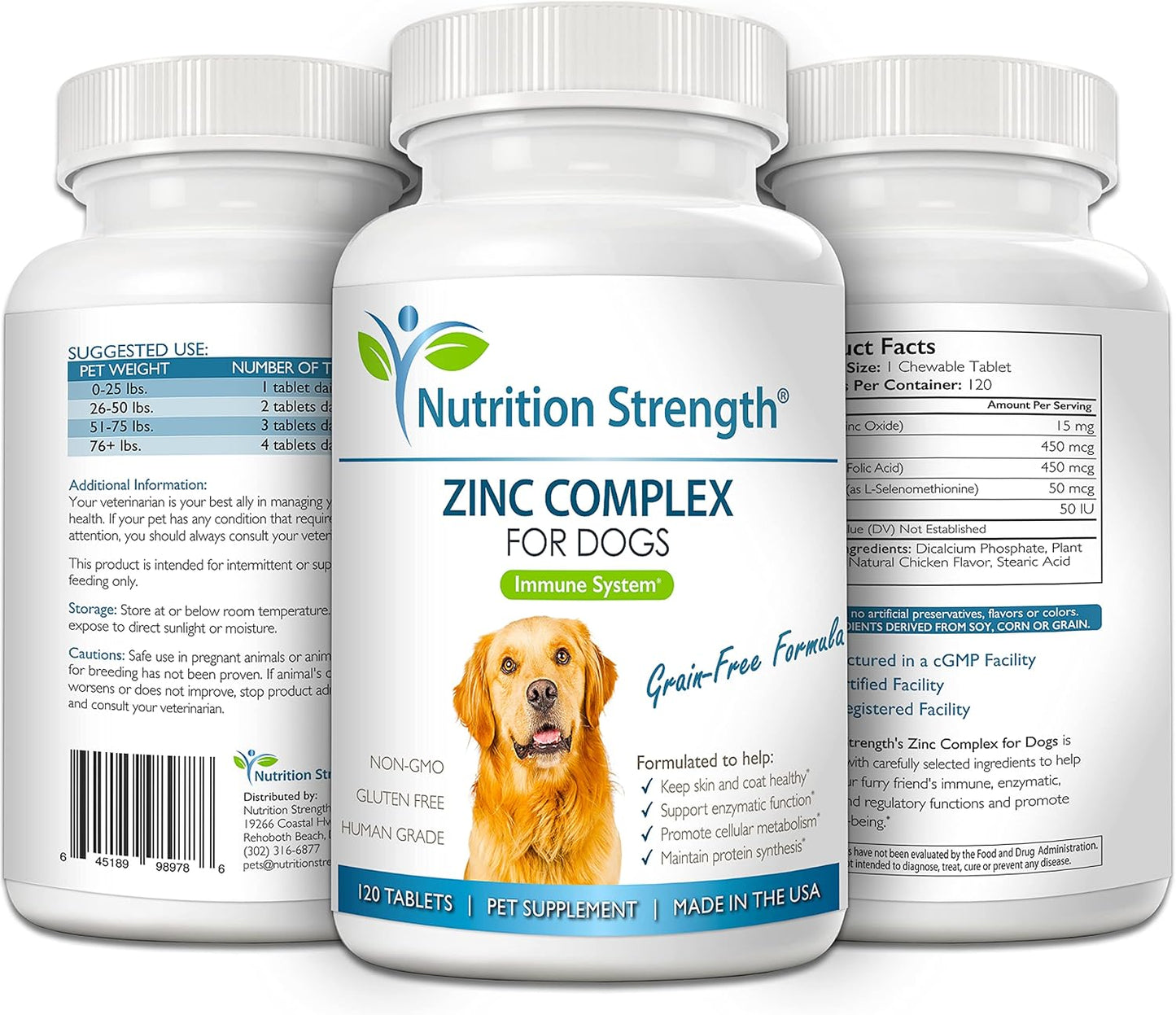 Zinc Supplement for Dogs with Biotin, Folate, Selenium & Vitamin E - 120 Chewable Tablets for Healthy Skin, Coat & Immune System
