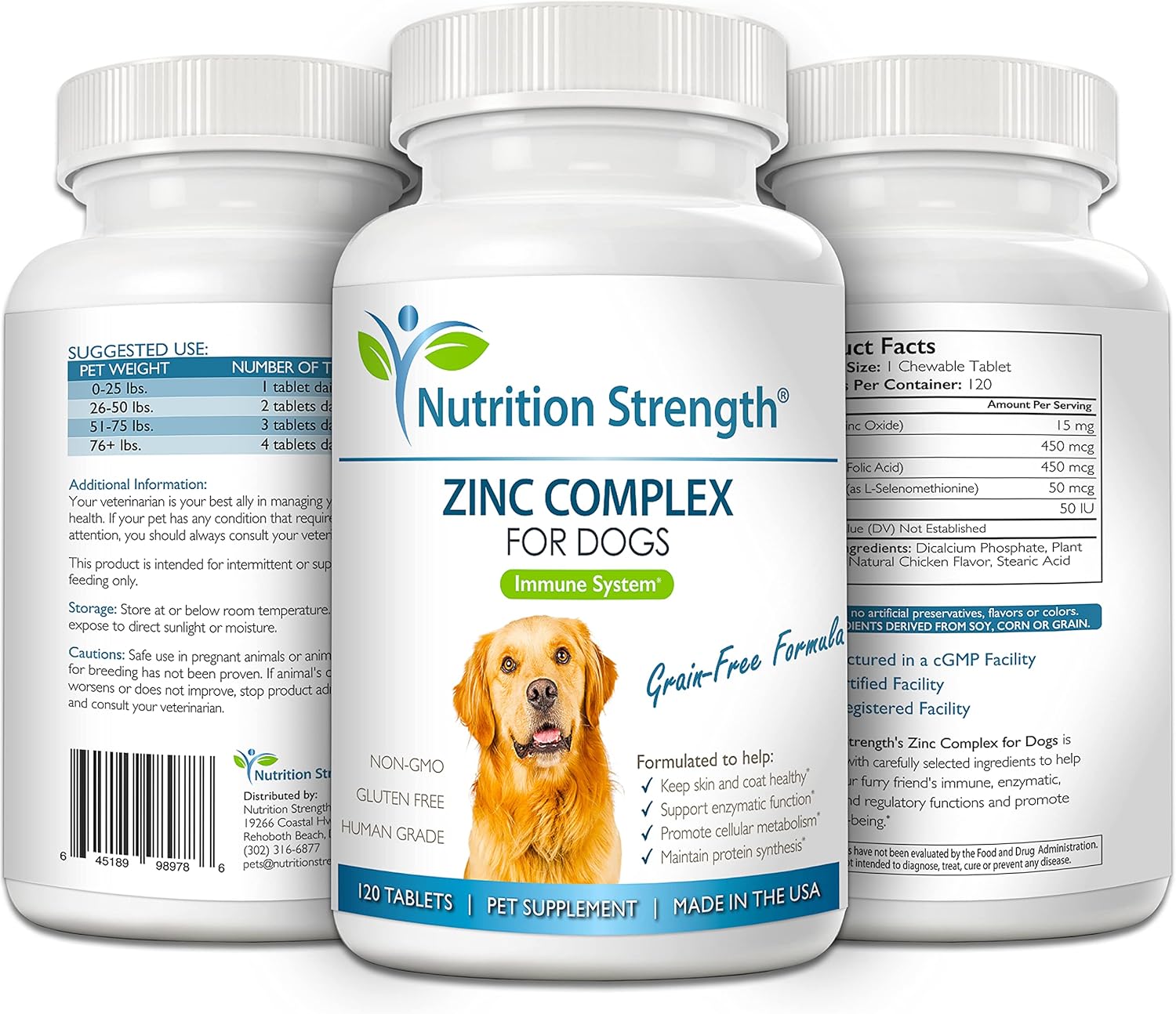 Zinc Supplement for Dogs with Biotin, Folate, Selenium & Vitamin E - 120 Chewable Tablets for Healthy Skin, Coat & Immune System