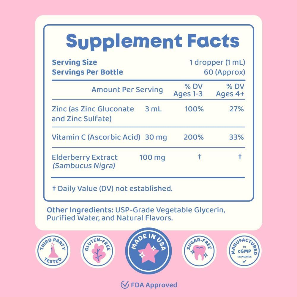 ZincBerry Kids Immune Support Drops with Elderberry Flavor - 2 fl oz Vitamin Supplement for Children 2-16+ Years