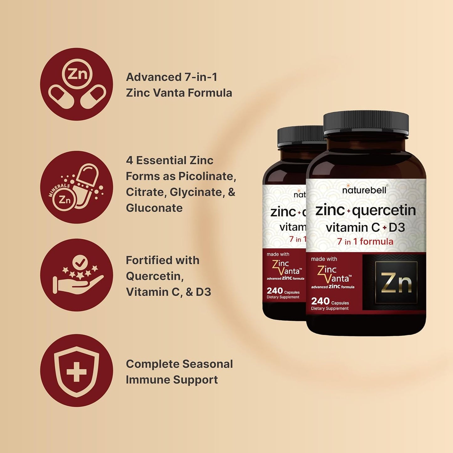 ZincVanta Immune Defense: Quercetin 1,000mg, Zinc 50mg, Vitamin C 250mg, D3 5,000 IU - 480 Capsules