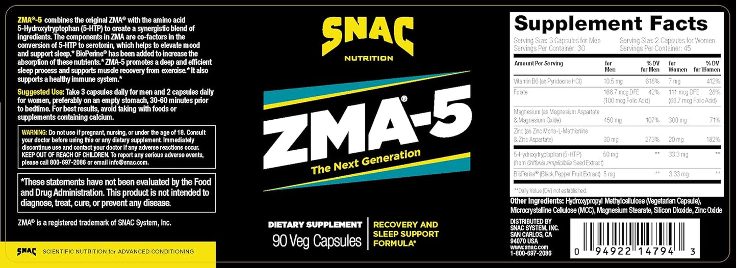 ZMA-5 Sleep Aid Supplement for Muscle Recovery & Growth, Immune Support, Restorative Sleep - 90 Veggie Capsules