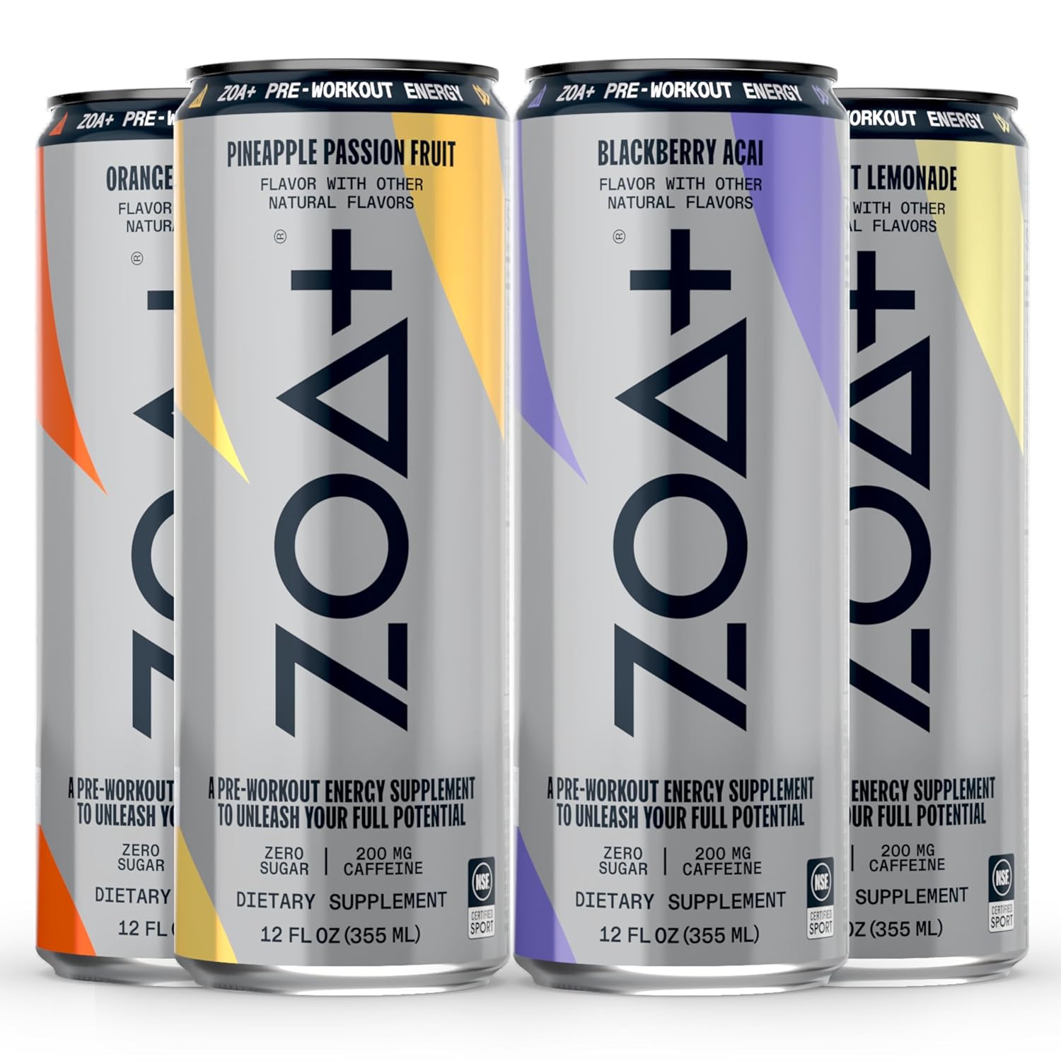 ZOA+ Variety Bundle Pre-Workout Energy Drink - NSF Certified, Zero Sugar, Nitric Oxide, B & D Vitamins, Amino Acids, Electrolytes - 48 pack