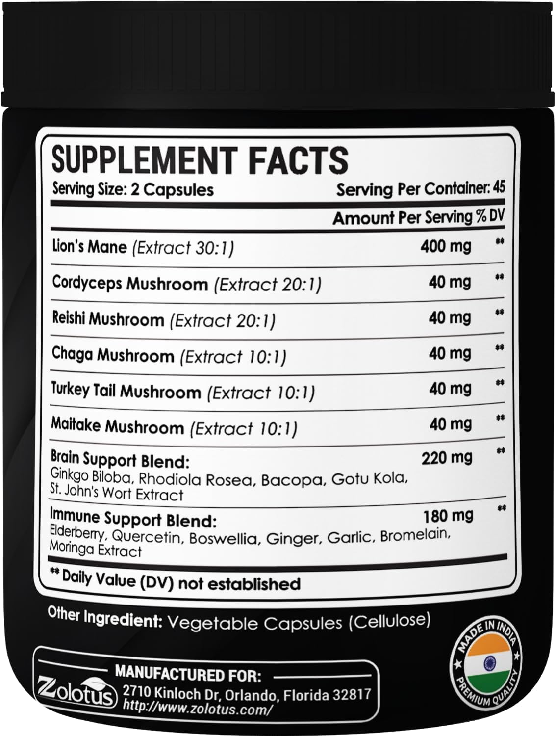 Zolotus Lions Mane Mushroom Capsules with Cordeyceps, Elderberry, Ginkgo Biloba, Bacopa - 60 Count