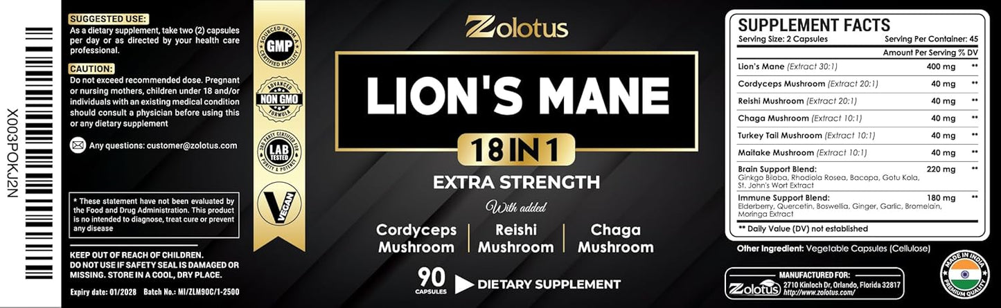 Zolotus Lions Mane Mushroom Capsules with Cordeyceps, Elderberry, Ginkgo Biloba, Bacopa - 60 Count