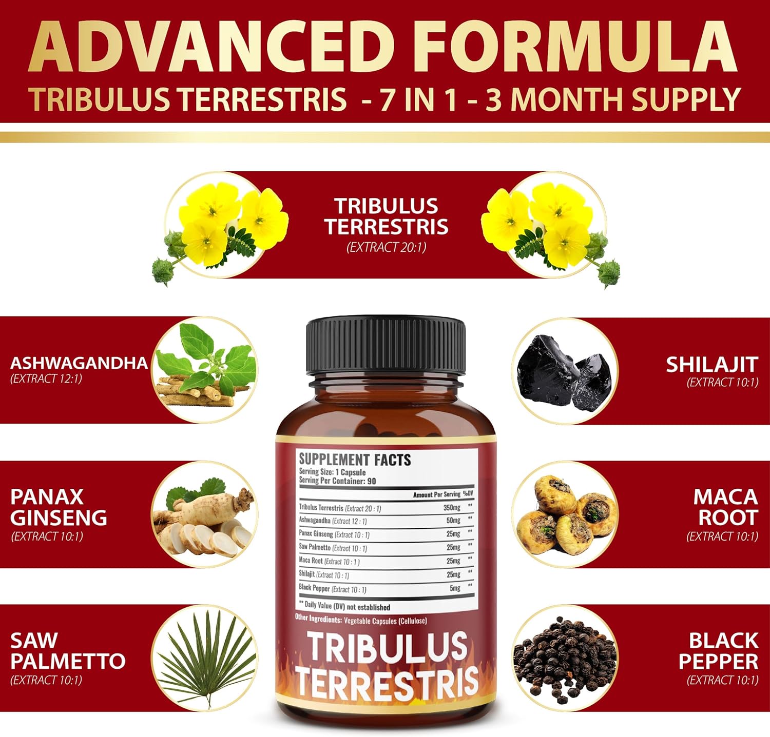 Zolotus Tribulus Terrestris Capsules with Ashwagandha, Panax Ginseng, Saw Palmetto, Maca, Shilajit - 90 Capsules - 3 Month Supply - Herbal Supplement