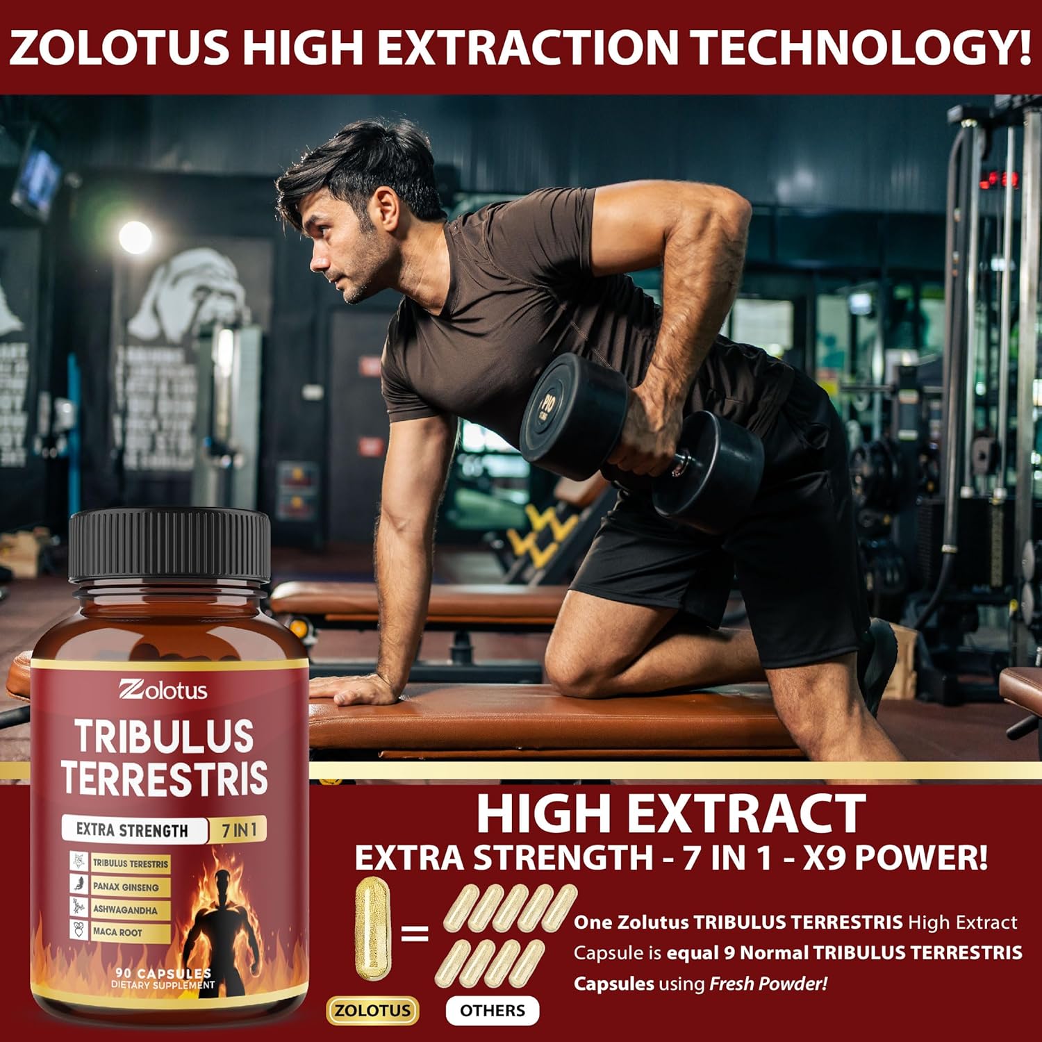 Zolotus Tribulus Terrestris Capsules with Ashwagandha, Panax Ginseng, Saw Palmetto, Maca, Shilajit - 90 Capsules - 3 Month Supply - Herbal Supplement