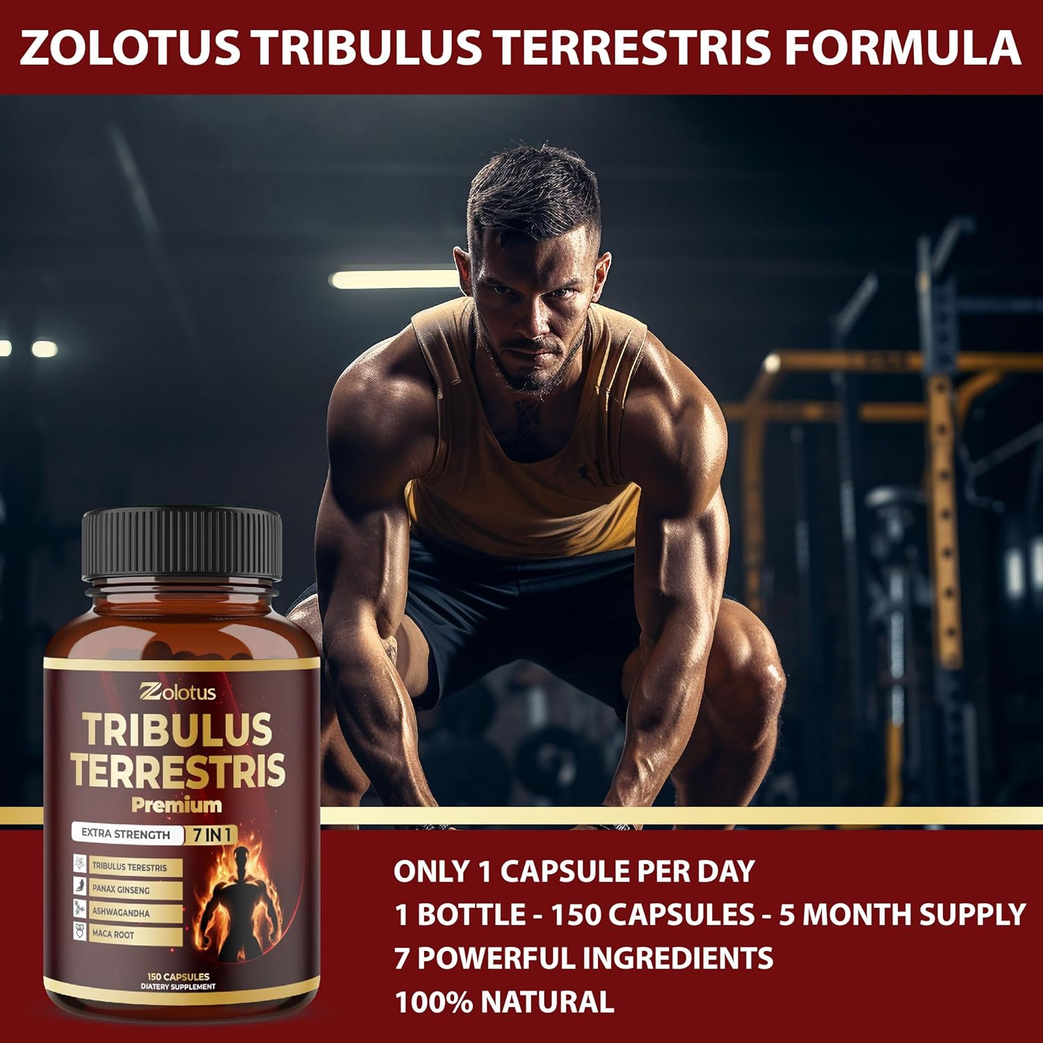 Zolotus Tribulus Terrestris Supplement with Ashwagandha & Ginseng - 5 Month Supply for Men & Women - 150 Count