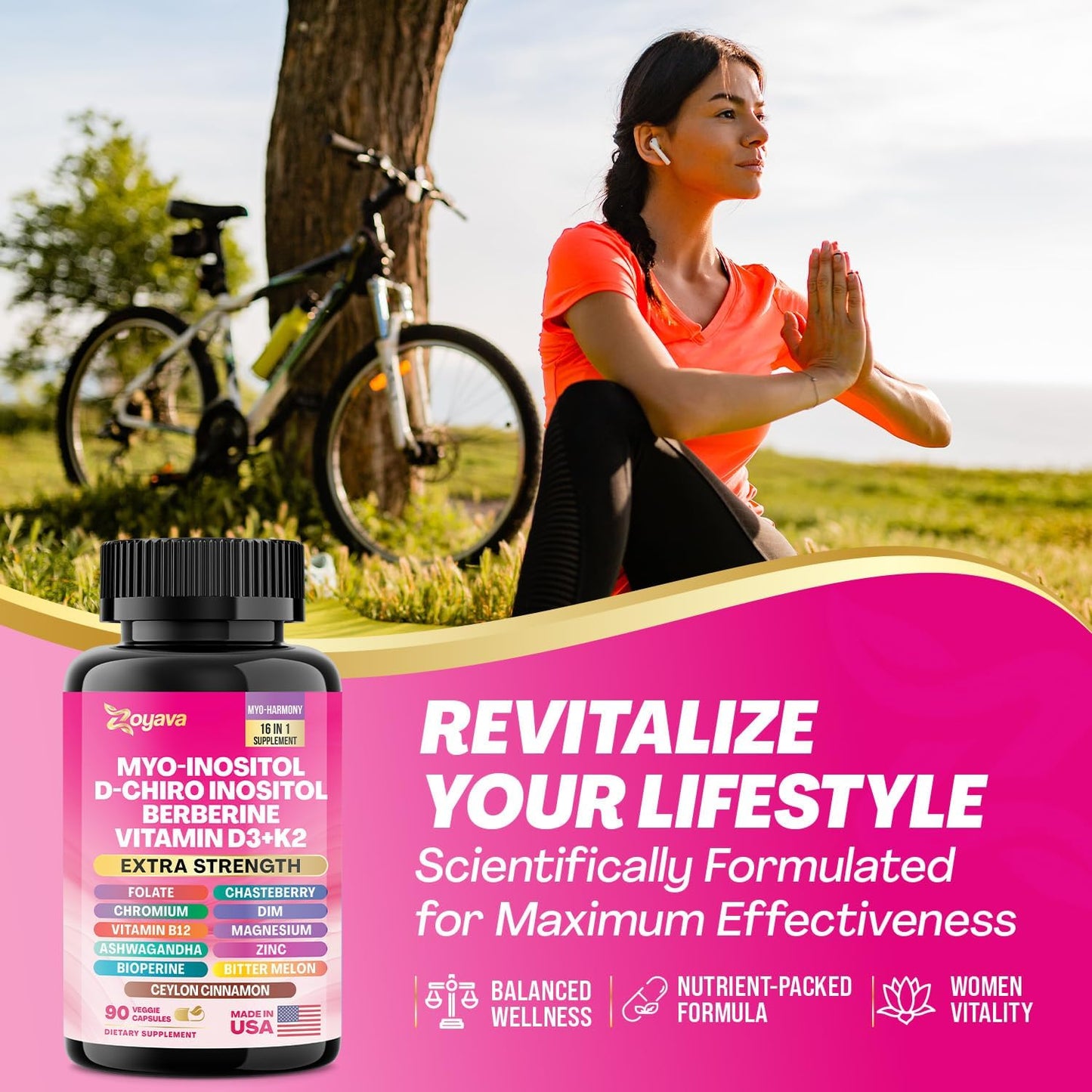 Zoyava Myo-Inositol Supplement with Berberine, Folate, Ashwagandha - 90 Capsules