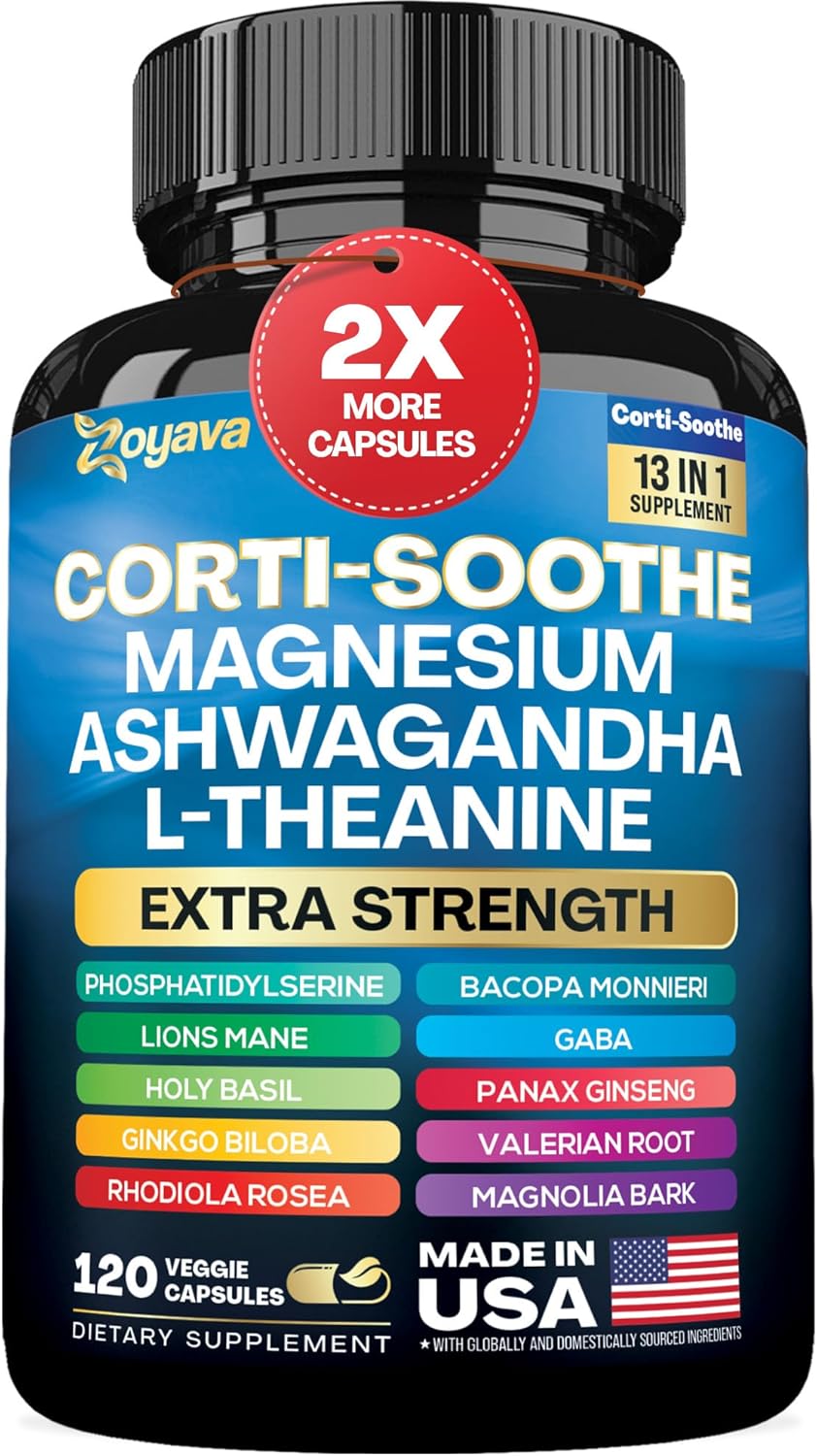 Zoyava Stress Relief Supplement with Magnesium, L-Theanine, Ashwagandha, Phosphatidylserine, Lions Mane, and more (120 Caps)
