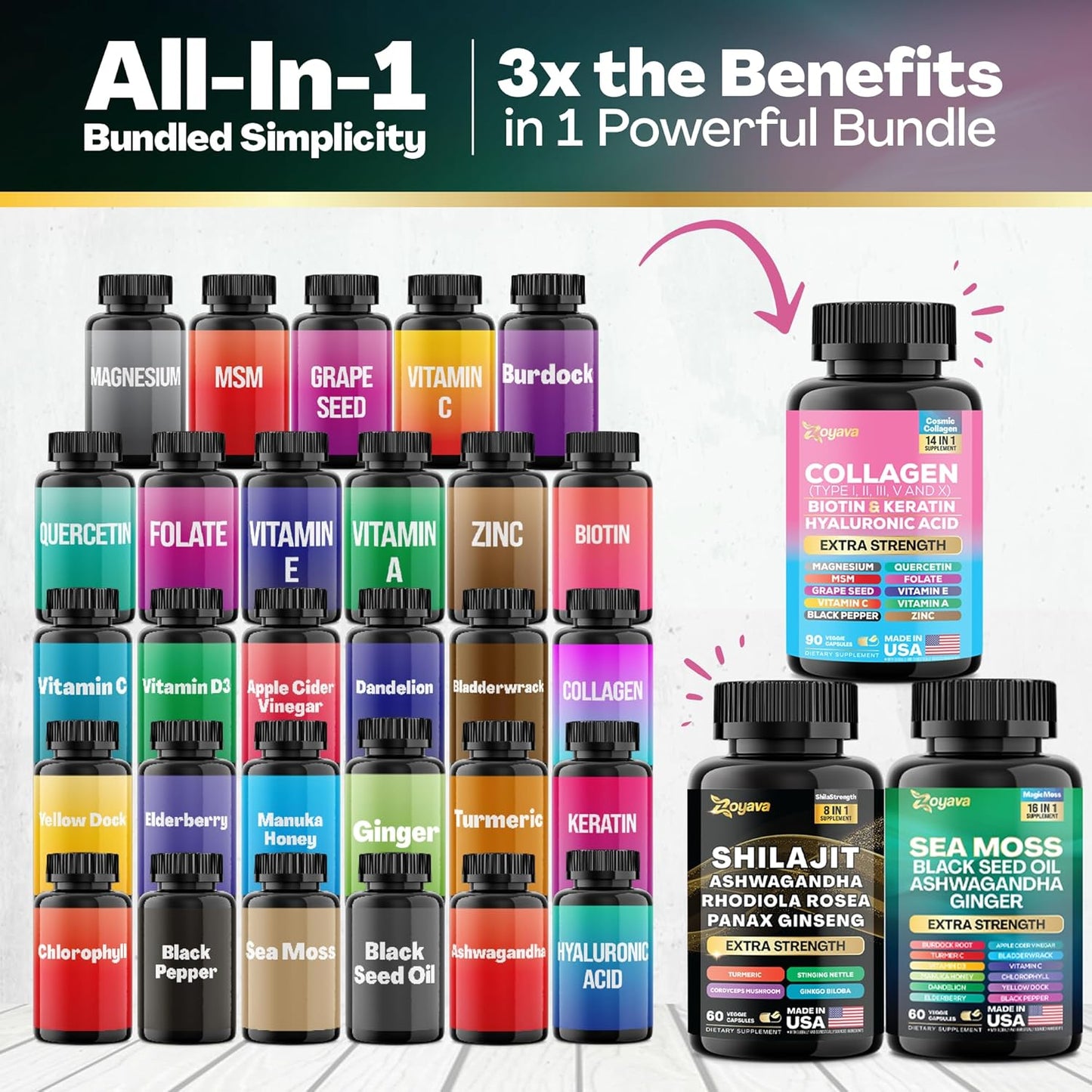 Zoyava Ultimate Wellness Bundle - Sea Moss, Black Seed Oil, Ashwagandha, Ginger, Burdock Root, Shilajit, Rhodiola Rosea, Panax Ginseng, Collagen, Biotin, Keratin, Hyaluronic Acid