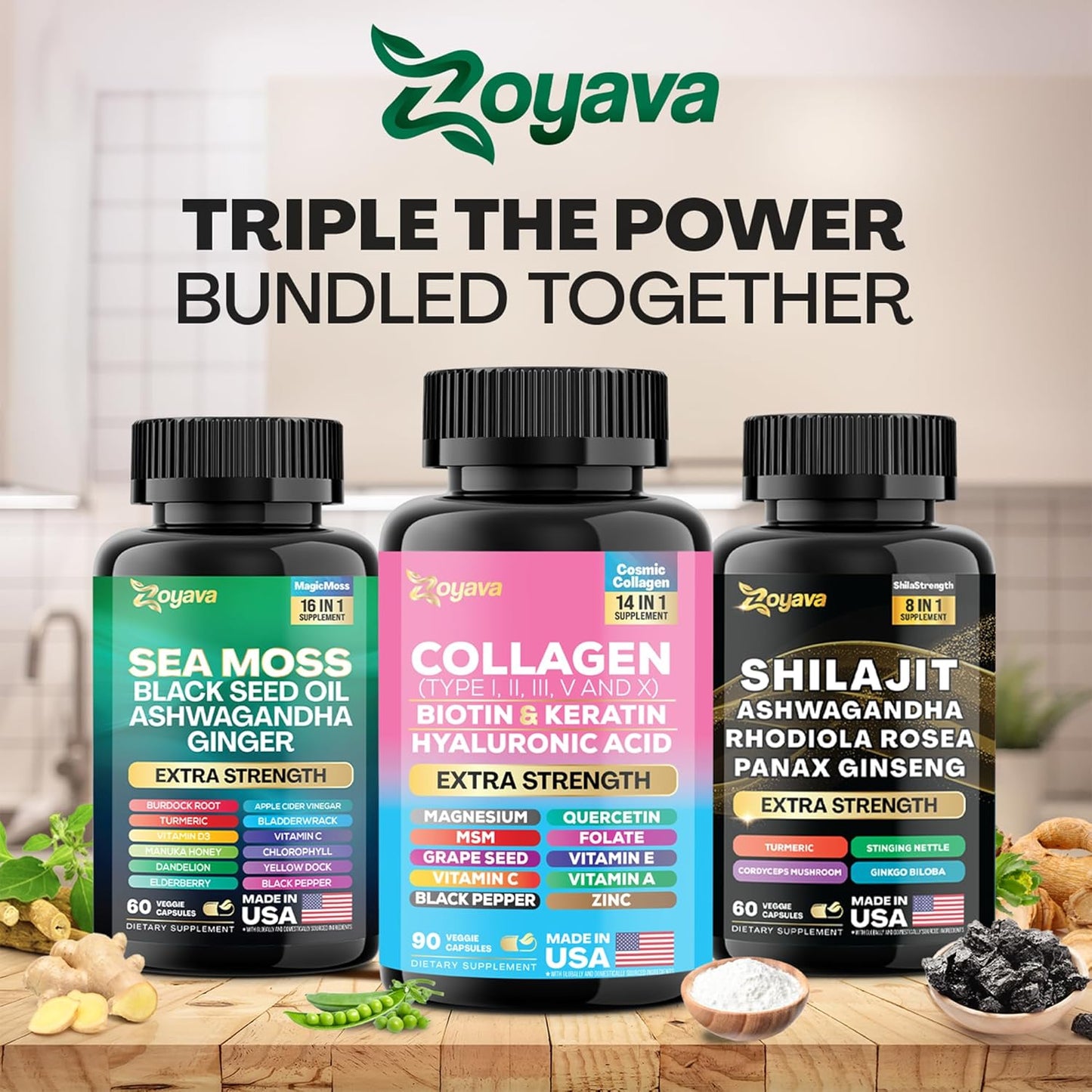 Zoyava Ultimate Wellness Bundle - Sea Moss, Black Seed Oil, Ashwagandha, Ginger, Burdock Root, Shilajit, Rhodiola Rosea, Panax Ginseng, Collagen, Biotin, Keratin, Hyaluronic Acid