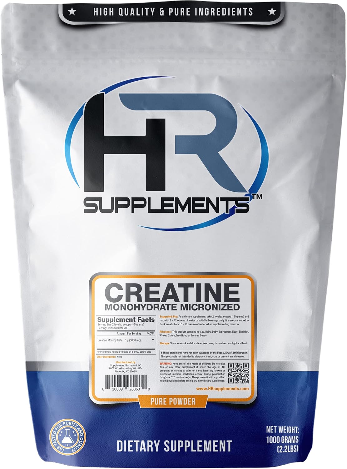 1 Kilogram (2.2 Lbs) Creatine Monohydrate Micronized Powder by Hard Rhino - HR Supplements