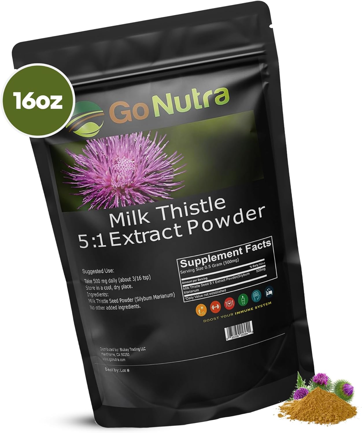 1 lb. Go Nutra Milk Thistle Extract Powder - 5:1 Strength Silymarin Supplement - Non-GMO Herbal Silybum Marianum