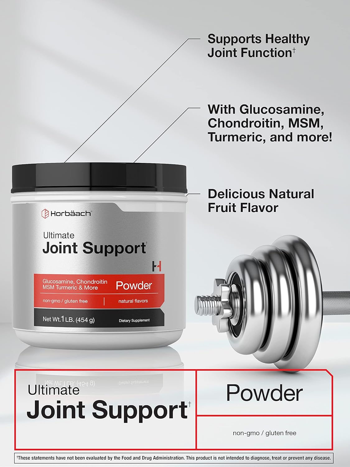 1 lb Horbäach Ultimate Joint Support Powder with Glucosamine, Chondroitin, MSM & Turmeric - Triple Action Support for Men and Women - Non-GMO, Gluten Free