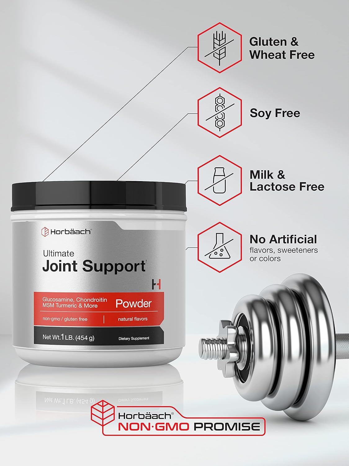 1 lb Horbäach Ultimate Joint Support Powder with Glucosamine, Chondroitin, MSM & Turmeric - Triple Action Support for Men and Women - Non-GMO, Gluten Free