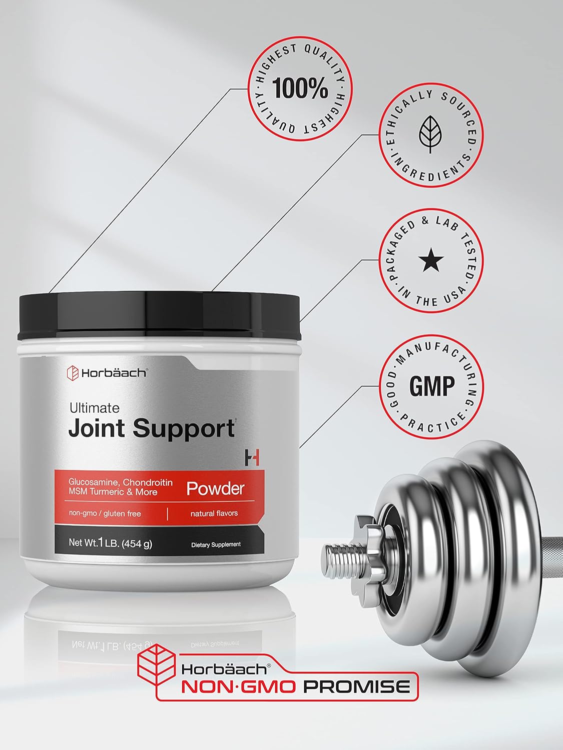 1 lb Horbäach Ultimate Joint Support Powder with Glucosamine, Chondroitin, MSM & Turmeric - Triple Action Support for Men and Women - Non-GMO, Gluten Free