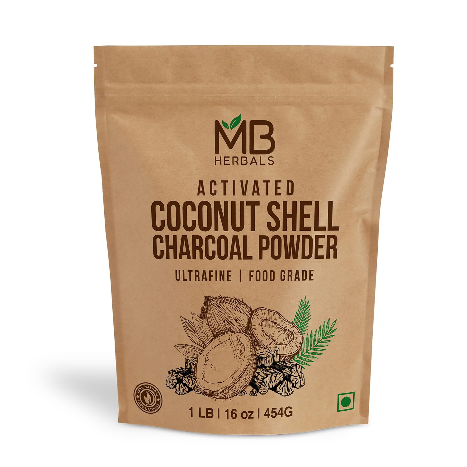 1 LB MB Herbals Food Grade Activated Coconut Shell Charcoal Powder - Detox Face Packs, Masks, Soap Making, Tooth Powder - 16 oz (454 g)