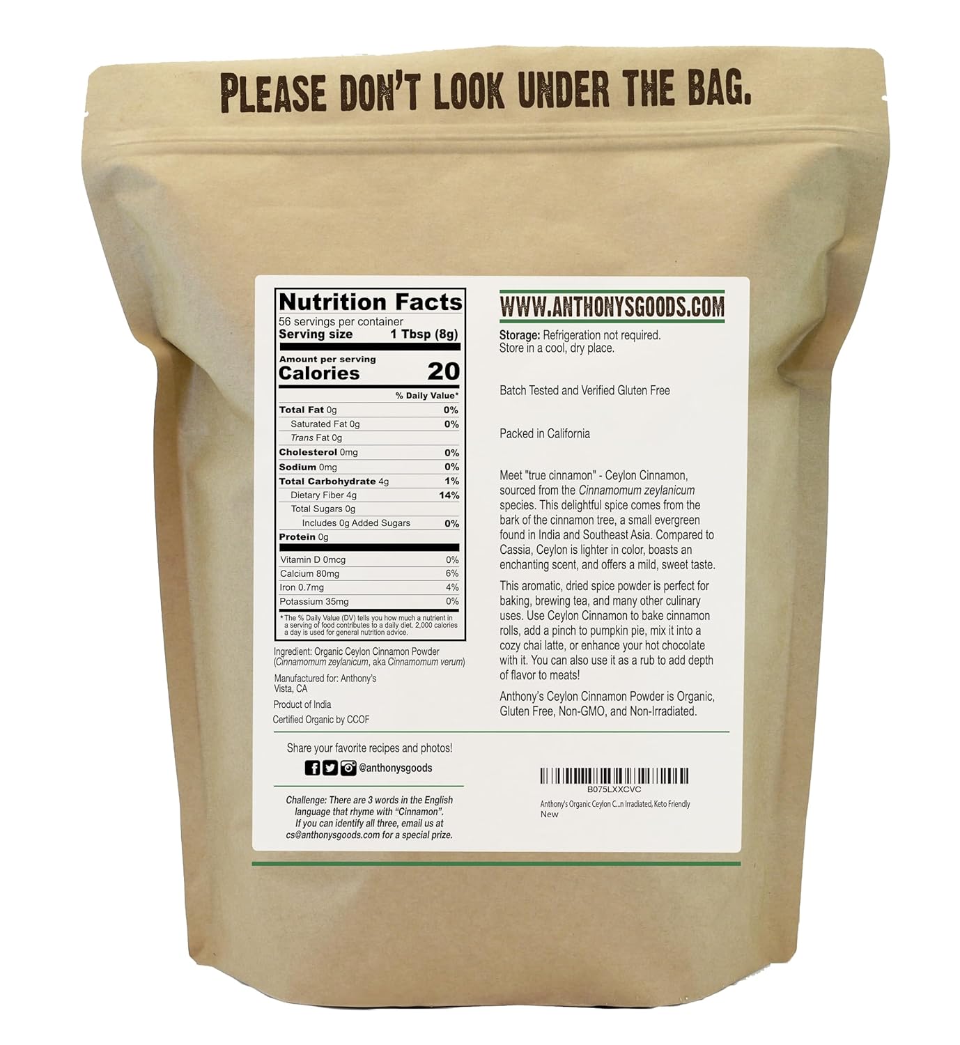 1 lb of Anthony's Organic Ceylon Cinnamon Powder - Ground, Gluten Free, Non Irradiated, Non GMO, Keto Friendly