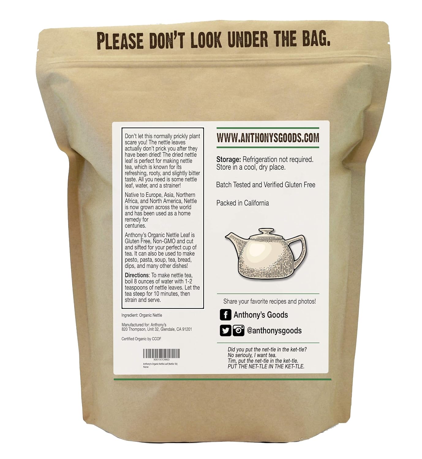 1 lb Organic Nettle Leaf - Gluten Free, Non GMO, Cut & Sifted, Non Irradiated, Keto Friendly by Anthony