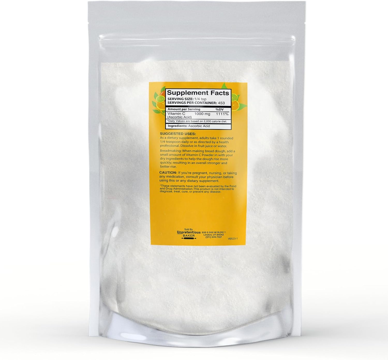 1 lb Resealable Bag of Vitamin C Powder for Baking - Ascorbic Acid Supplement