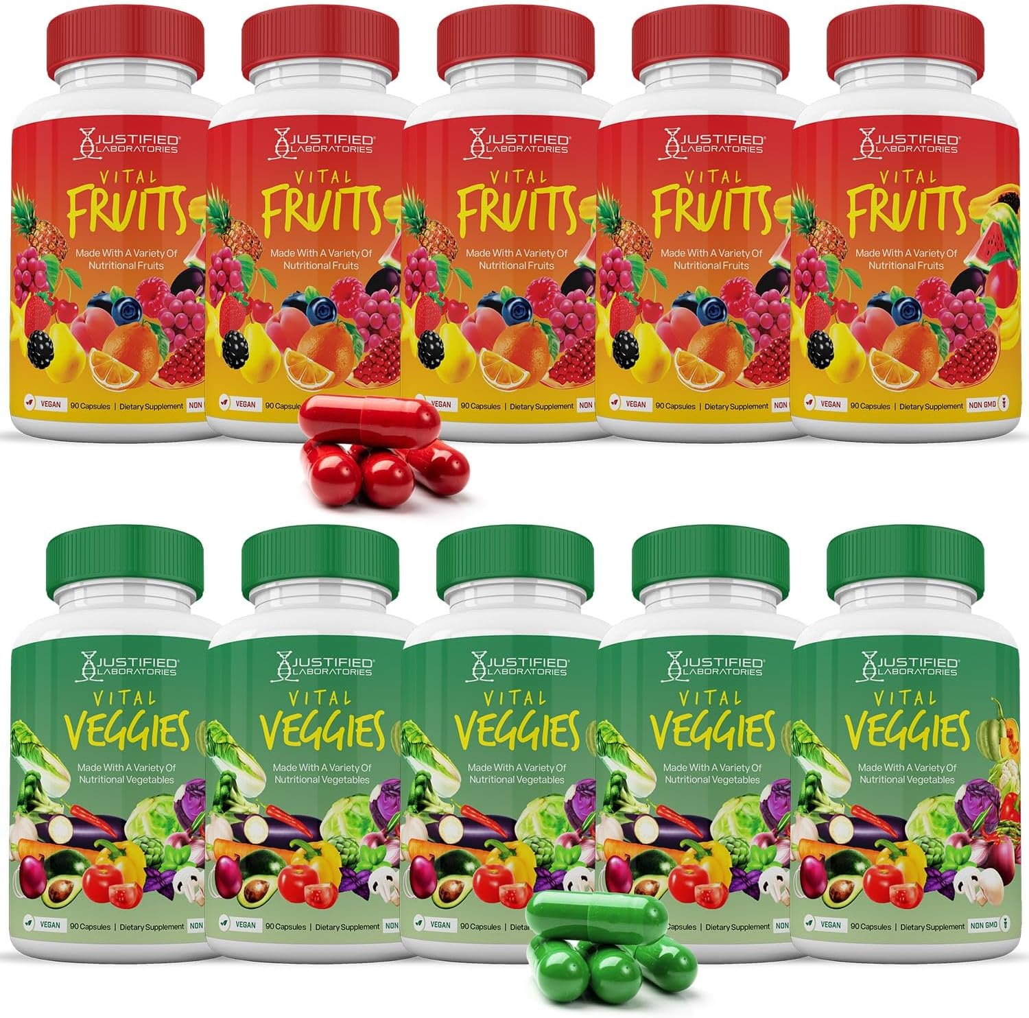 10 Bottles of Vital Fruits and Veggies Supplement - Red & Green Superfoods, 900 Veggie Capsules, Non GMO - Vegan Friendly by Justified Laboratories
