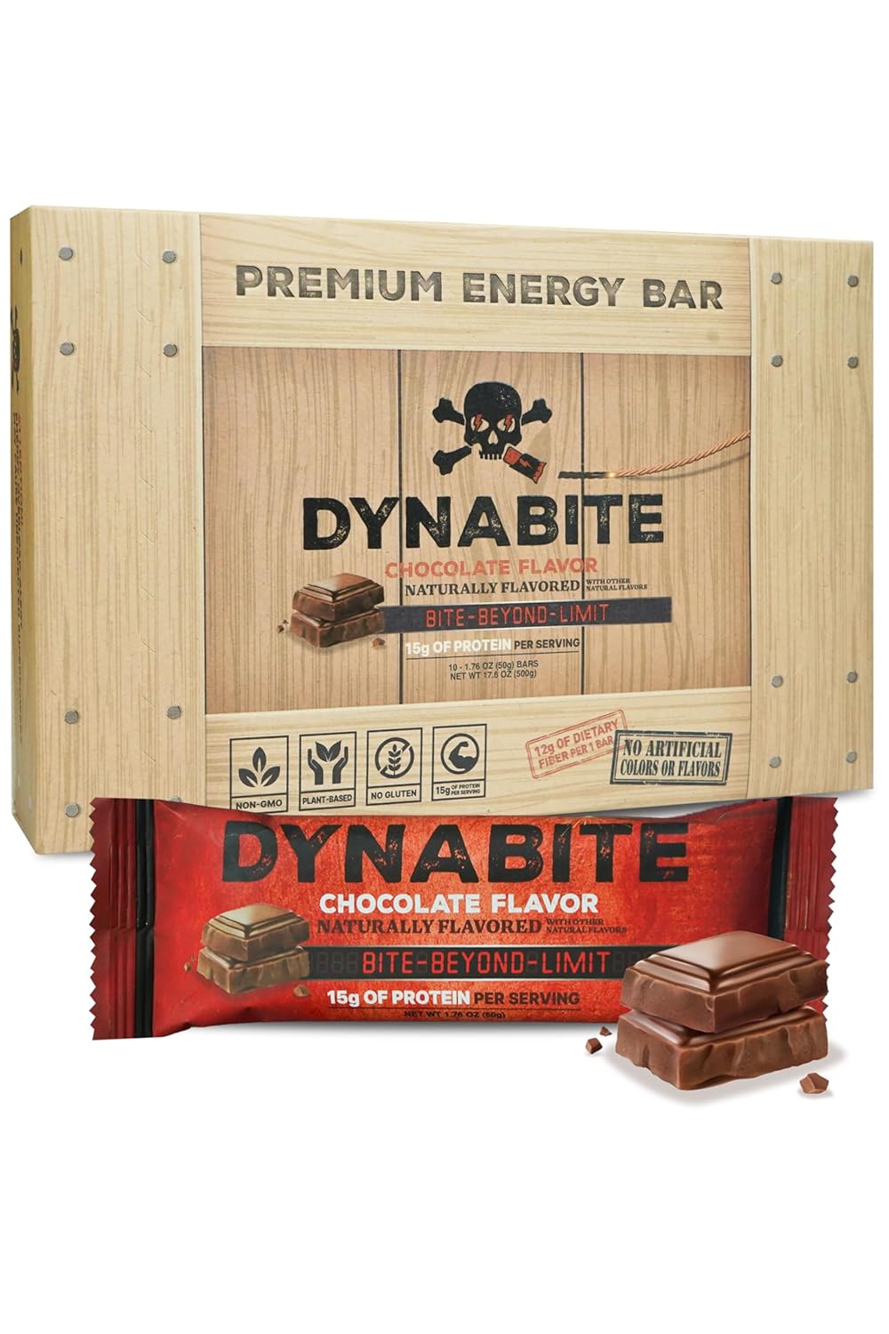 10 Count DYNABITE Premium Energy Bars in Chocolate - Low Carb, Plant-Based, Gluten-Free, Zero Sugar High Protein Snacks