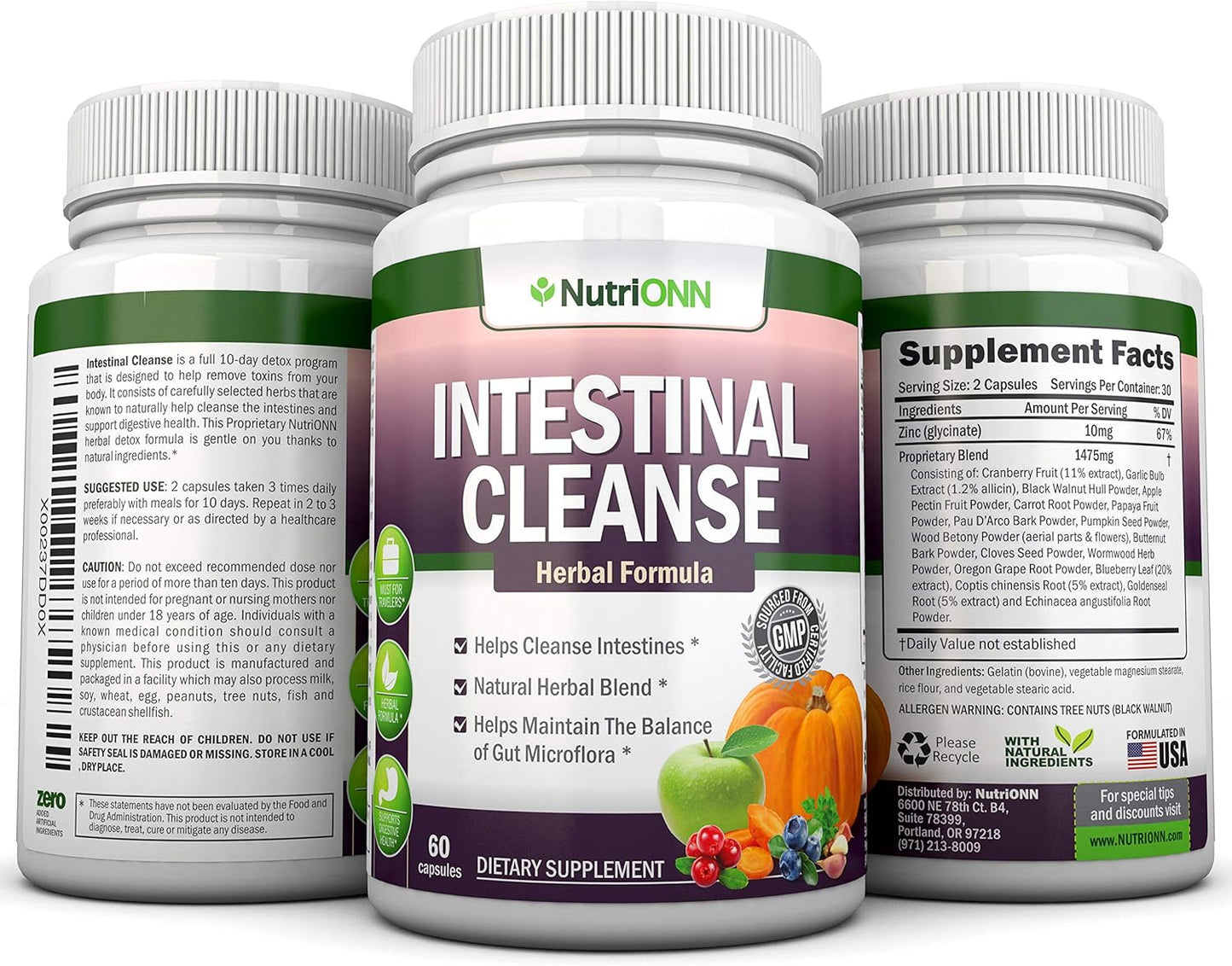 10-Day NutriONN Intestinal Cleanse Herbal Detox Program - Natural Wormwood, Cranberry, Goldenseal, Garlic & More