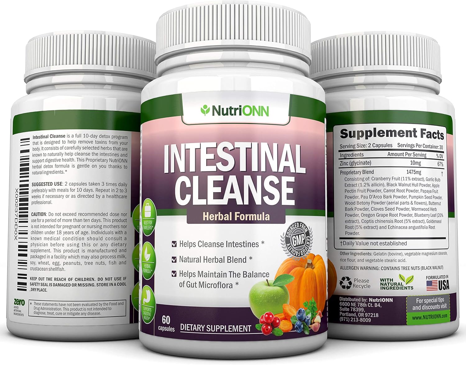 10-Day NutriONN Intestinal Cleanse Herbal Detox Program - Natural Wormwood, Cranberry, Goldenseal, Garlic & More