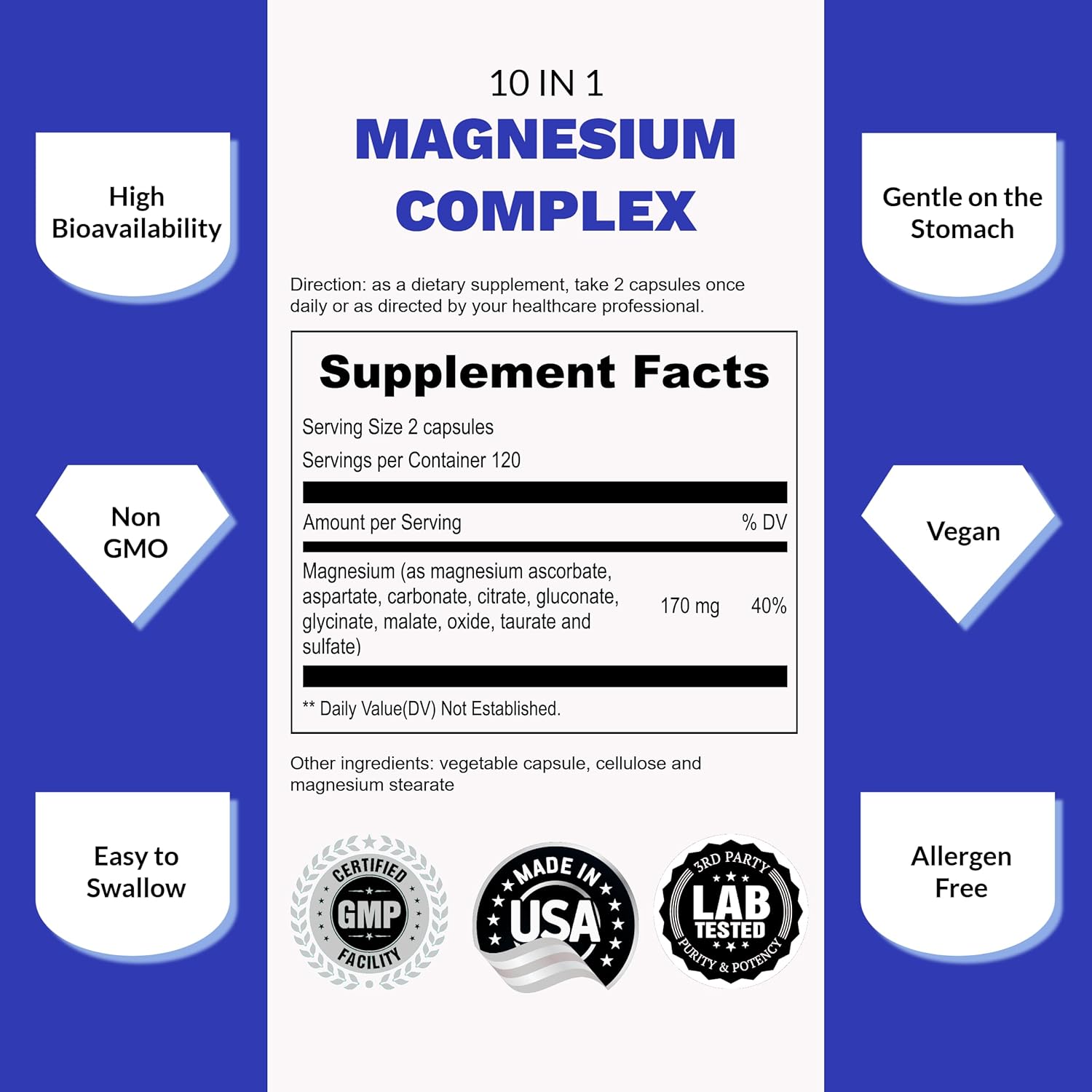 10-in-1 Full Spectrum Magnesium Complex Supplement with Glycinate, Citrate, Taurate, Malate, Carbonate, Oxide - 240 Vegan Capsules