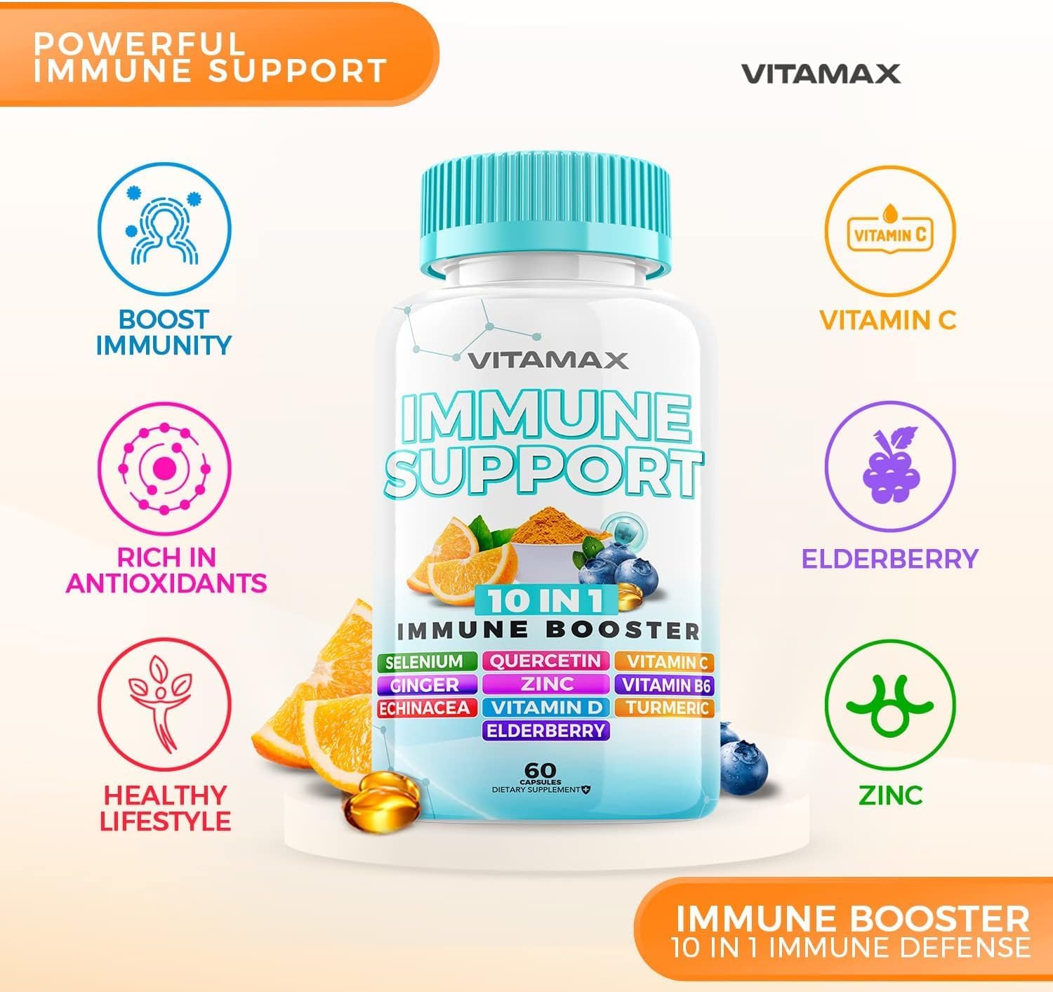 10-in-1 Immune Support Booster with Elderberry, D3, Selenium, Quercetin, Zinc, Vitamin C, Ginger, Turmeric Curcumin, B6, Echinacea - Natural Defense - USA-Made (60 Count)