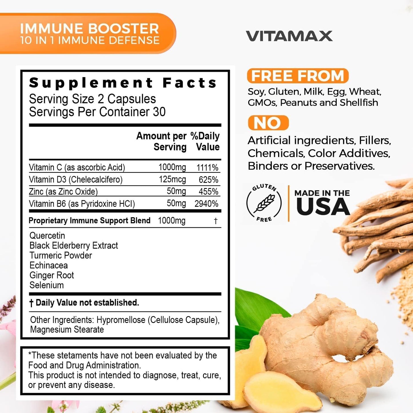 10-in-1 Immune Support Booster with Elderberry, D3, Selenium, Quercetin, Zinc, Vitamin C, Ginger, Turmeric Curcumin, B6, Echinacea - Natural Defense - USA-Made (60 Count)