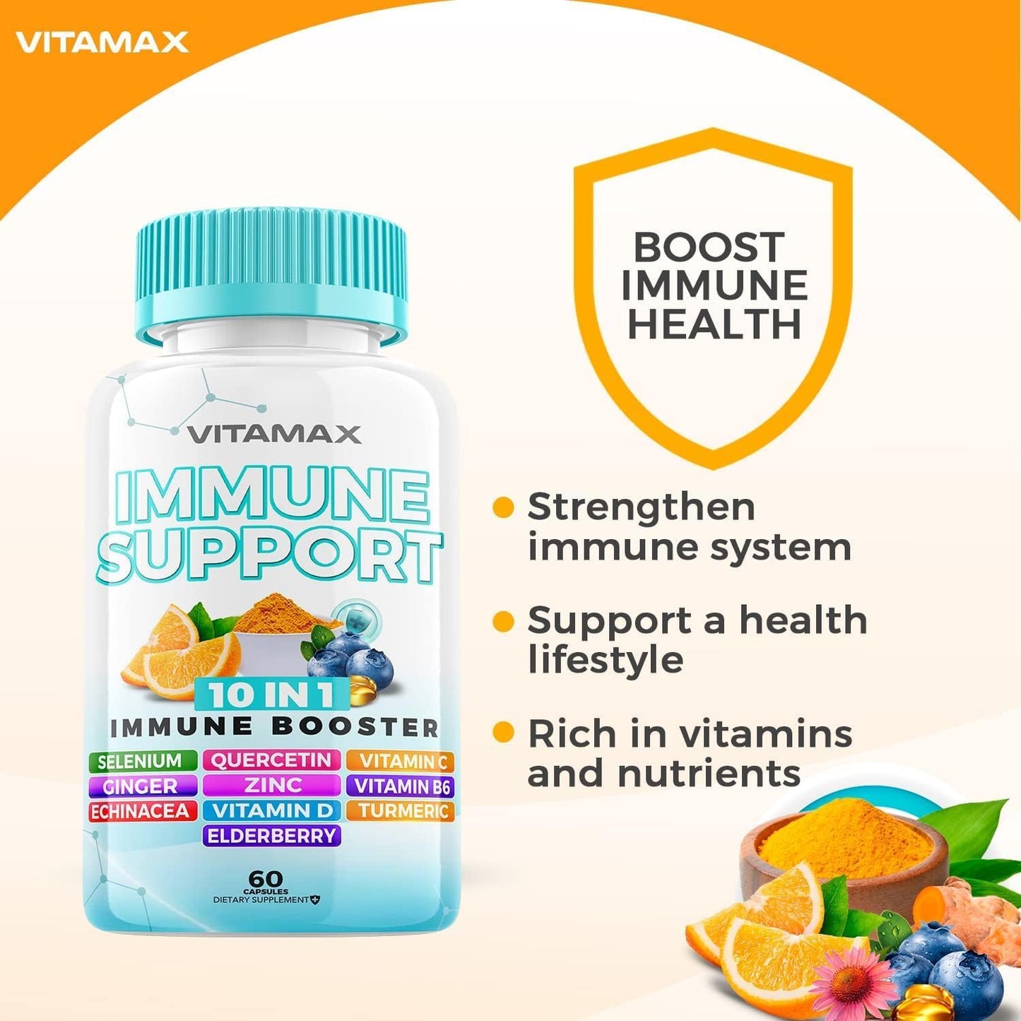 10-in-1 Immune Support Booster with Elderberry, D3, Selenium, Quercetin, Zinc, Vitamin C, Ginger, Turmeric Curcumin, B6, Echinacea - Natural Defense - USA-Made (60 Count)